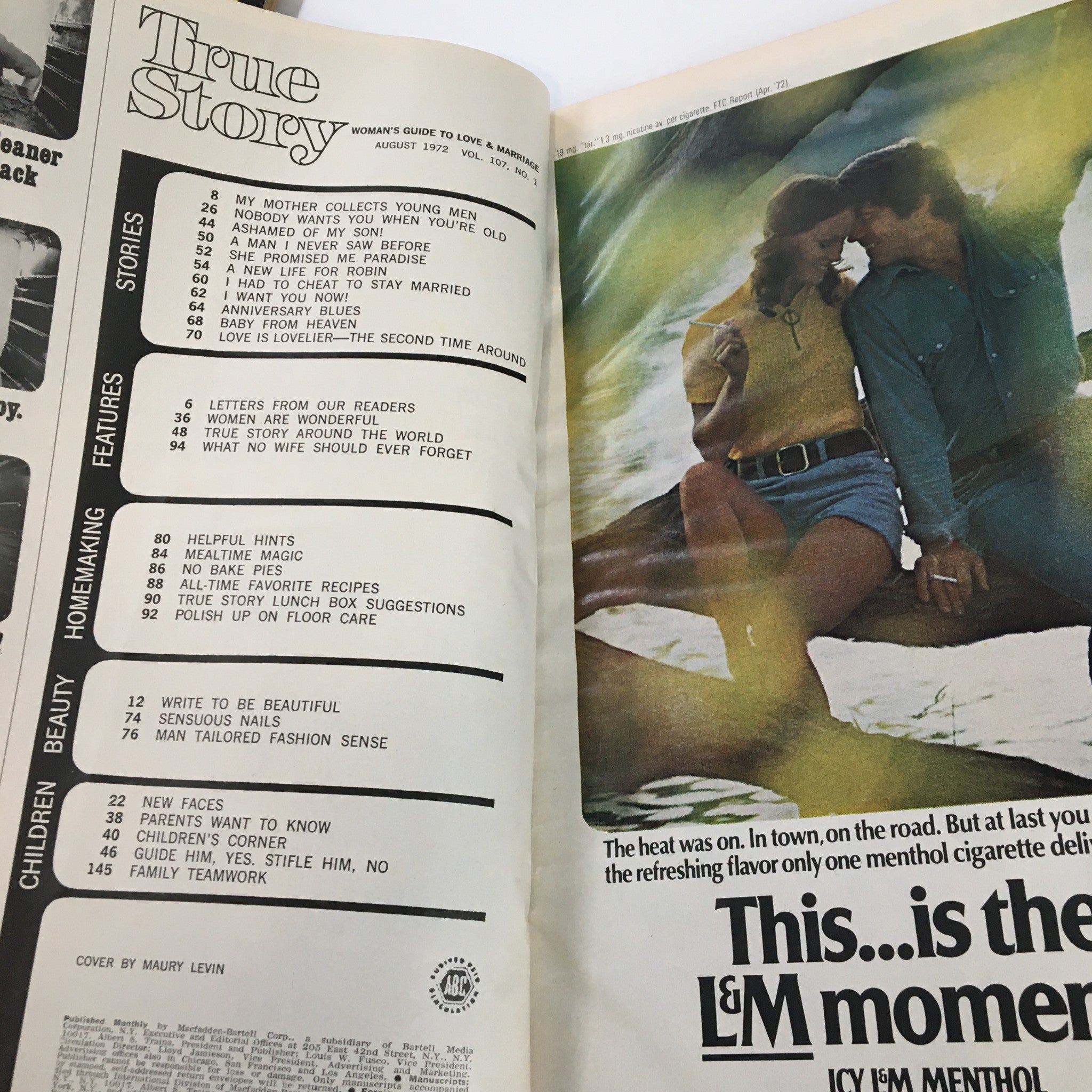 Inside spread of VTG True Story Magazine August 1972 showcasing contents, including featured articles such as 'She Promised Me Paradise For A Wedding,' capturing the essence of 1970s storytelling.