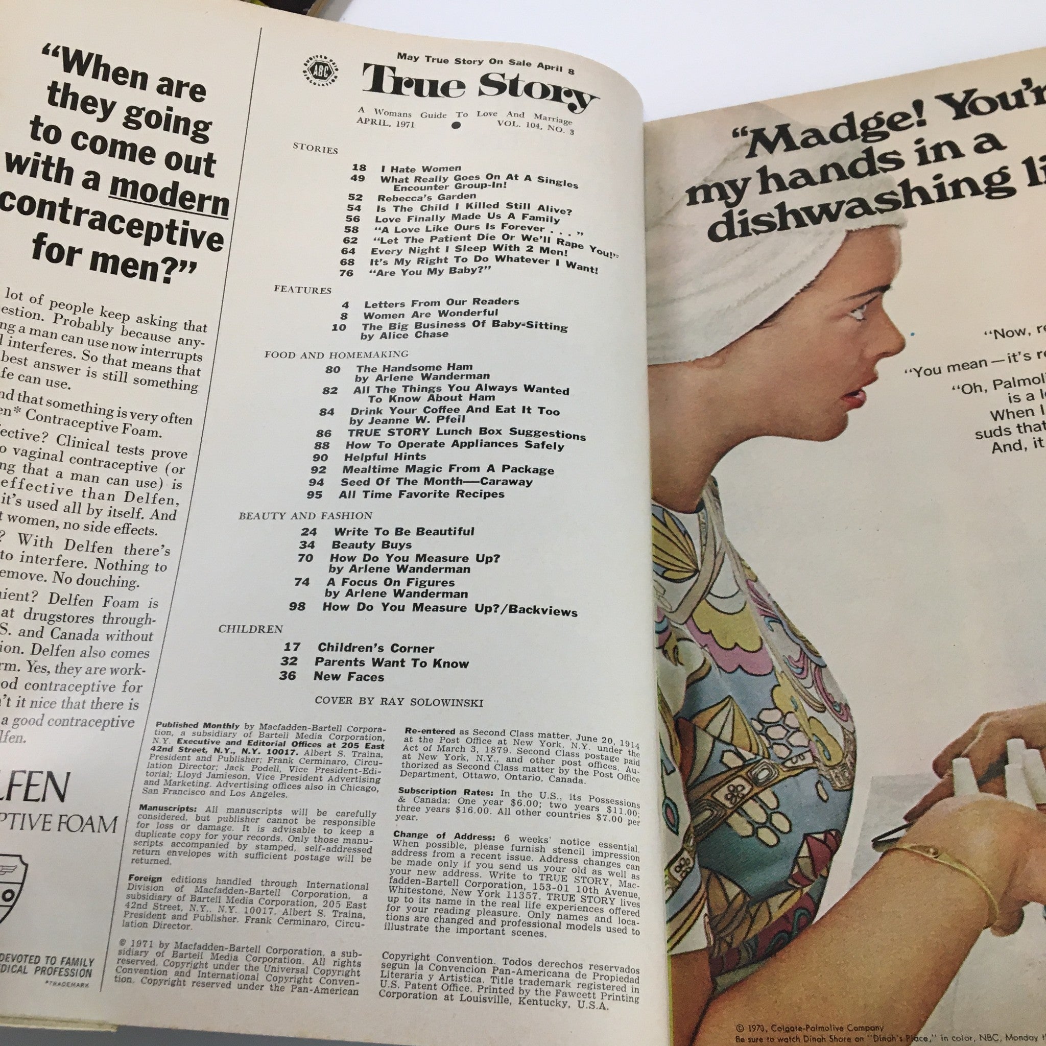 Inside page of the VTG True Story Magazine April 1971 displaying the table of contents with various articles and topics, including a highlight on 'A Mother's Search for Her Lost Child'.
