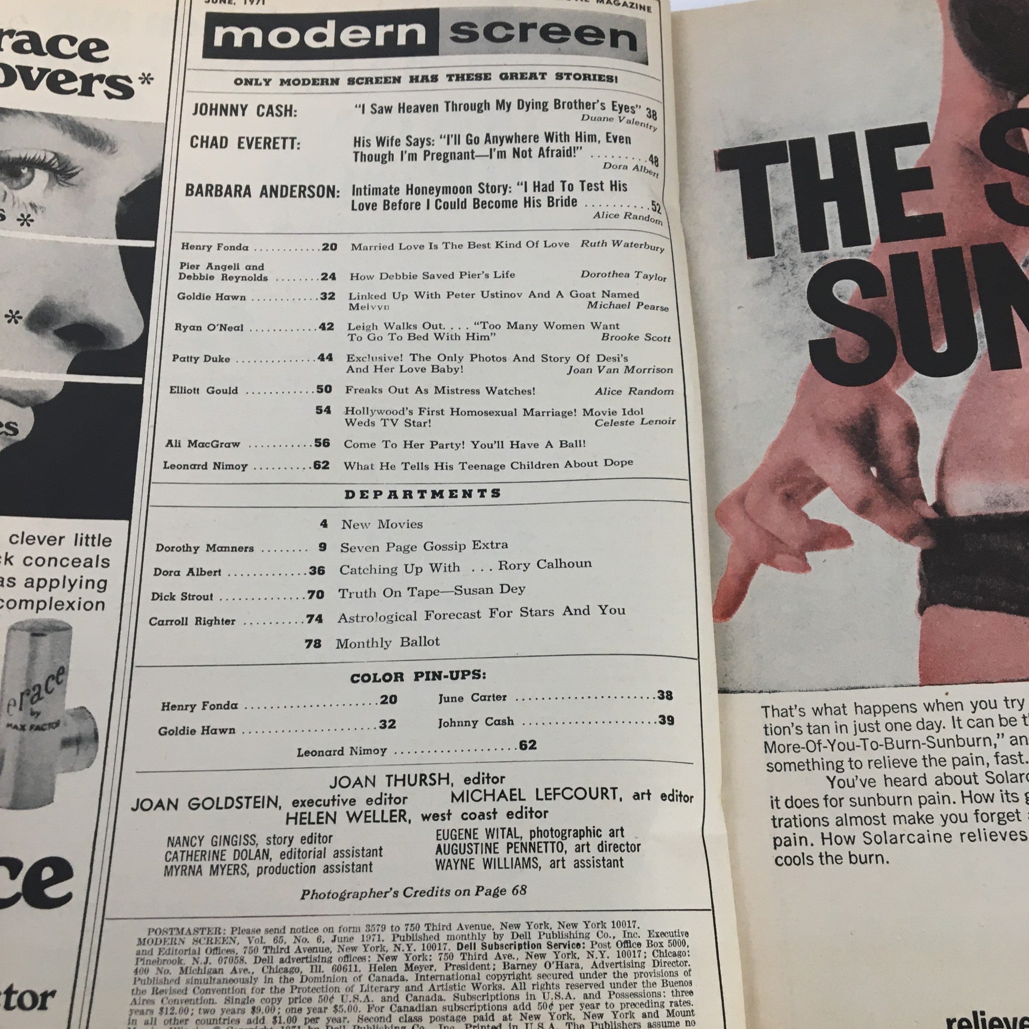 Inside page of Modern Screen Magazine June 1971 outlining various articles including features on Johnny Cash, Patty, and Desi. Highlights stories and departments from the vintage magazine.