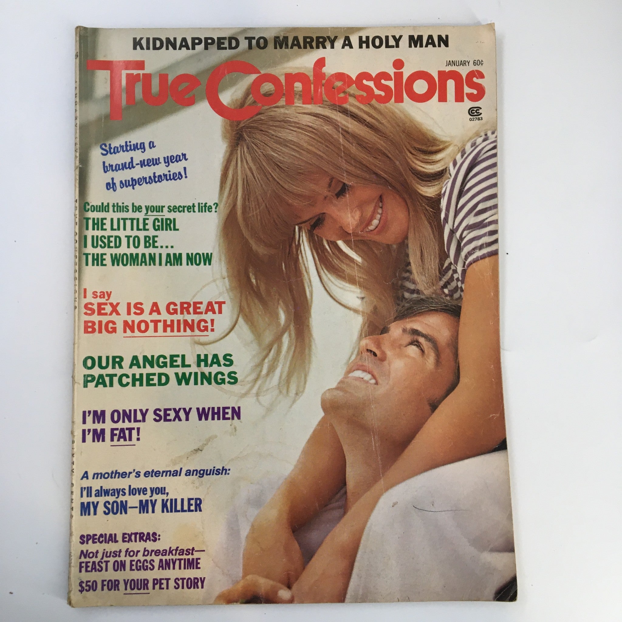 True Confessions Magazine January 1976 cover featuring the captivating title 'Our Angel Has Patched Wings' and various intriguing story headlines.
