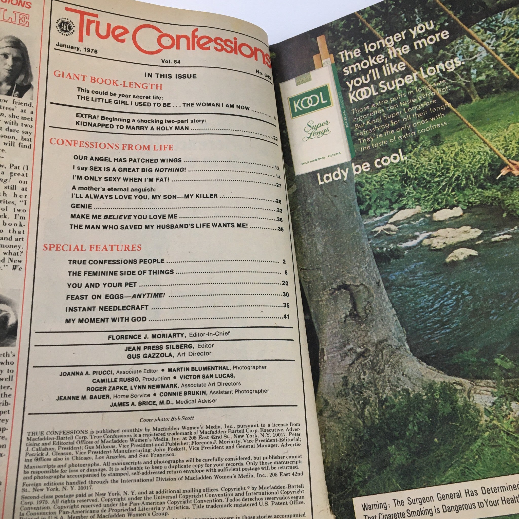 Inside view of True Confessions Magazine January 1976 showing the table of contents with featured stories and articles, including 'Our Angel Has Patched Wings'.