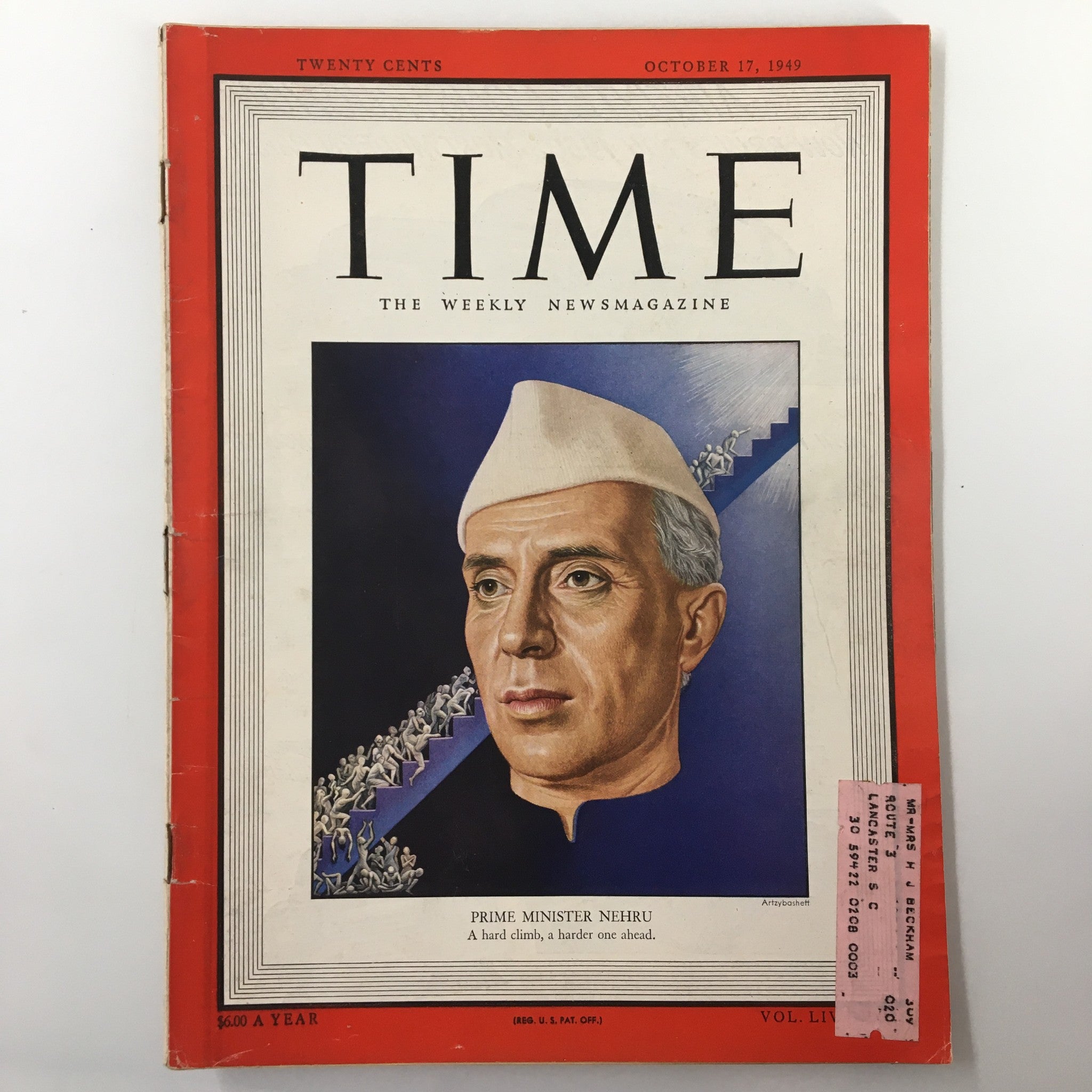 VTG Time Magazine October 17 1949 featuring Prime Minister Nehru on the cover with the headline 'A Hard Climb, One Ahead,' depicting historical significance and post-independence challenges in India.