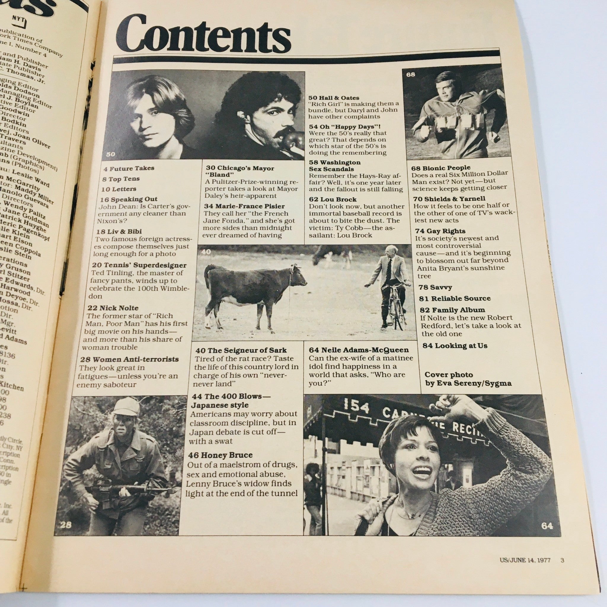 Contents page of Vintage US Magazine June 14, 1977, featuring articles on Nick Nolte, celebrity features, and cultural insights from the 1970s.