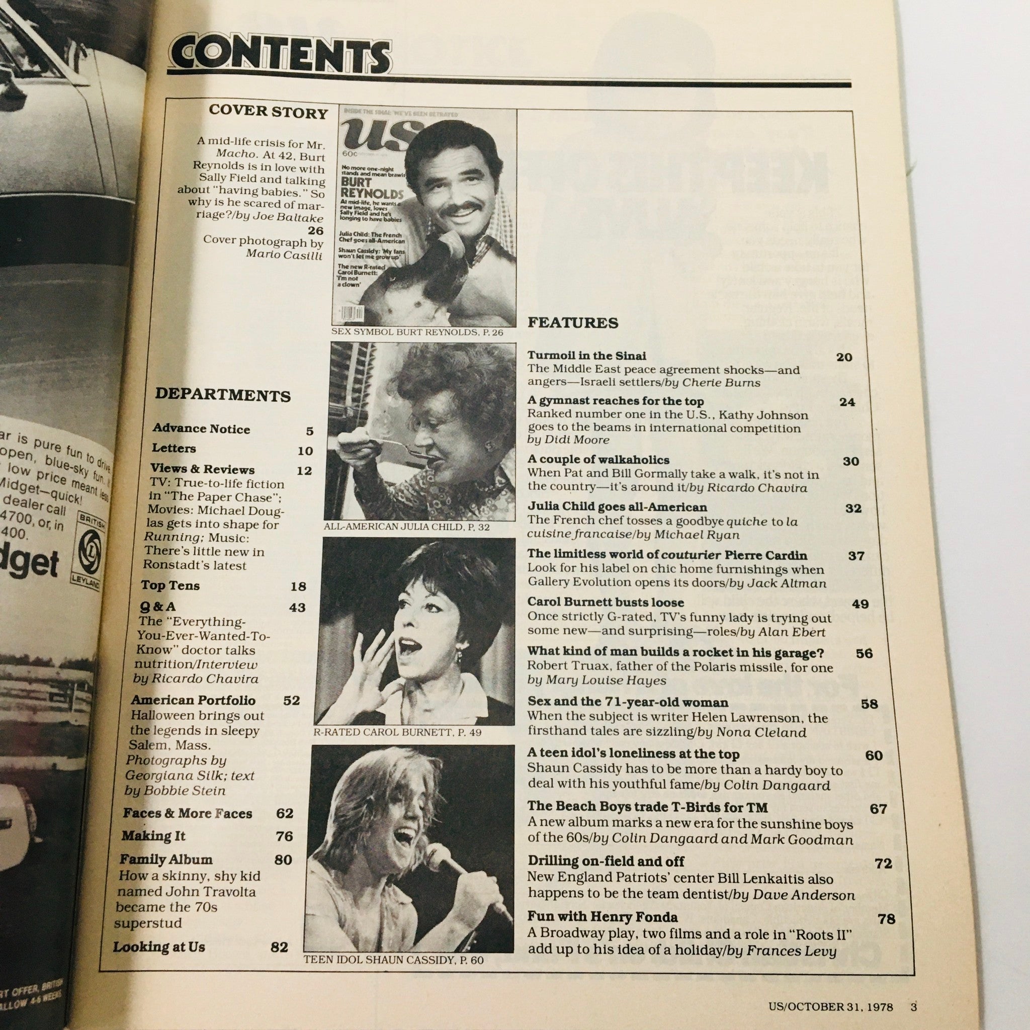 Contents page of VTG US Magazine October 31 1978 featuring highlights of articles with Burt Reynolds and Sally Field on the cover, including sections like Cover Story, Features, and Departments.