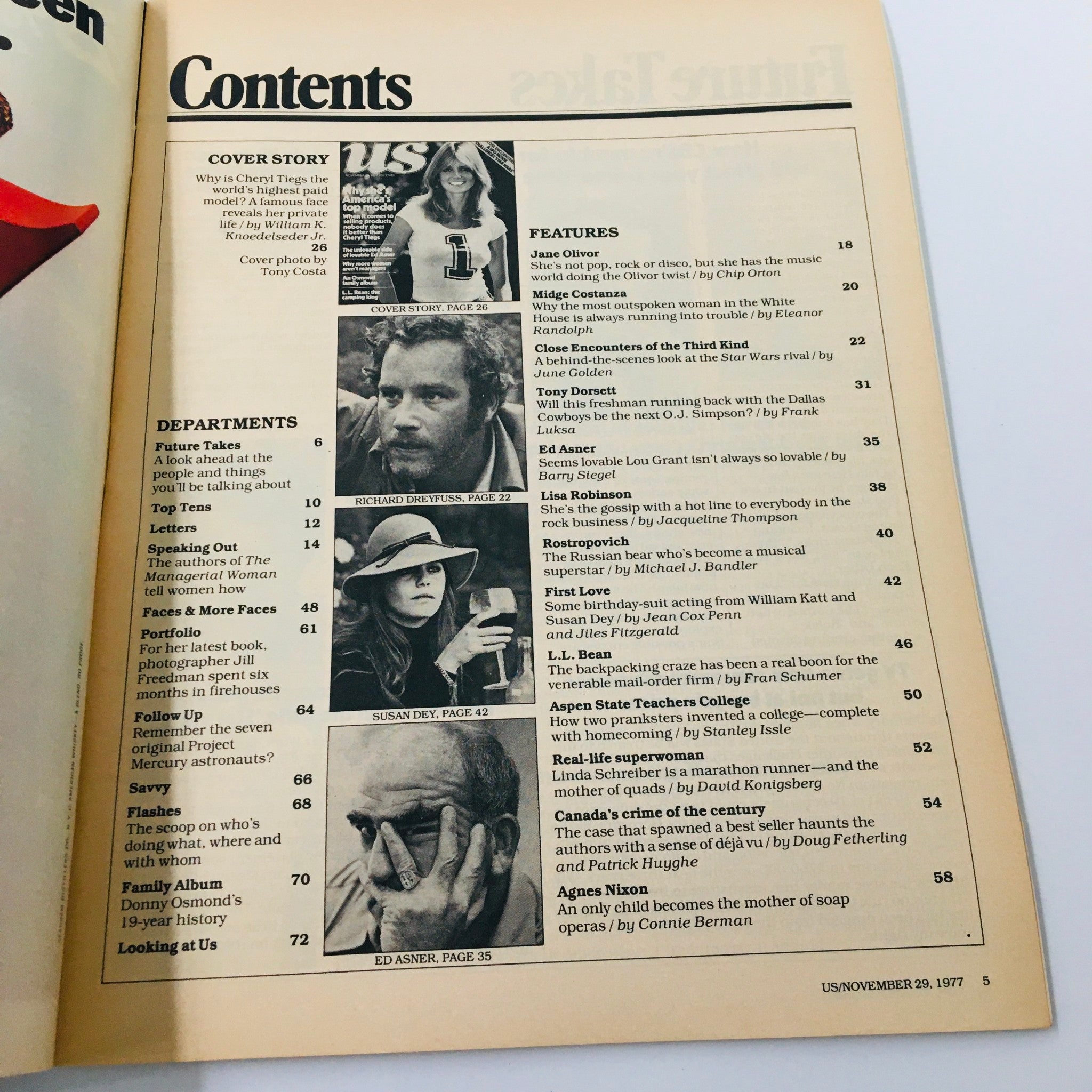 VTG US Magazine November 29 1977 contents page highlighting various articles, including features on Cheryl Tiegs and other notable personalities.