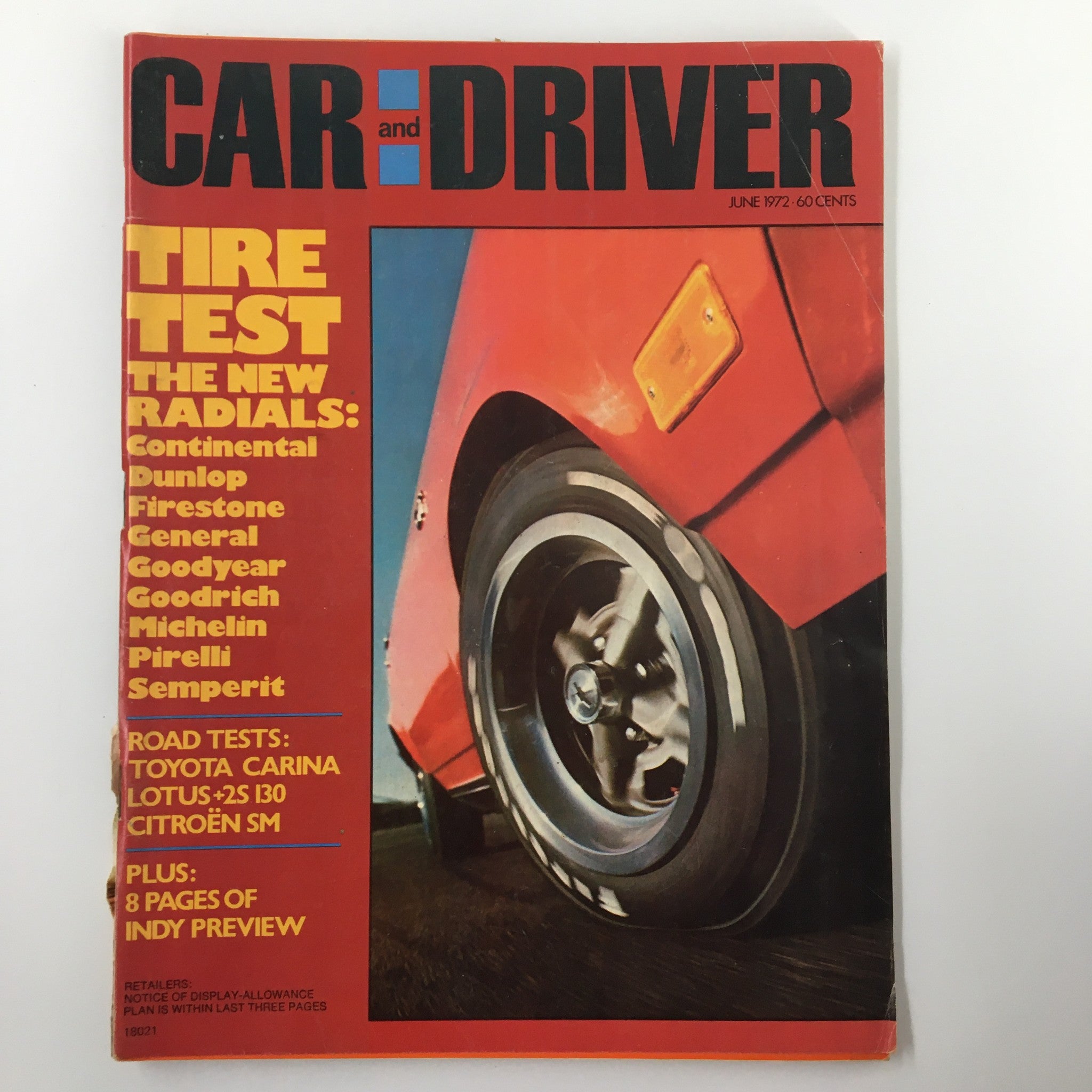 VTG Car and Driver Magazine June 1972 featuring tire test and road tests for Toyota Carina and Lotus +2s 130 with cover image displaying a car wheel.