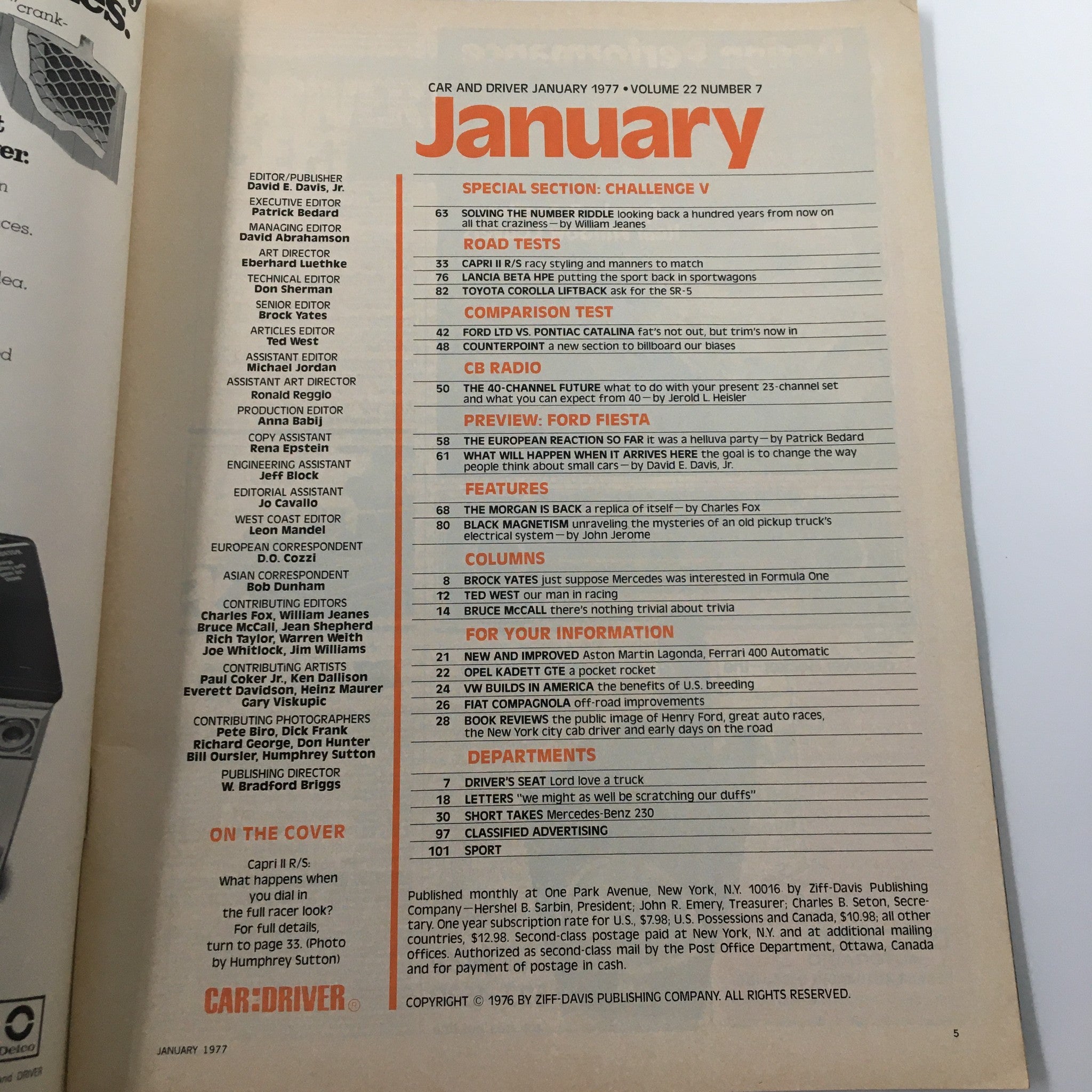 Inside page of VTG Car and Driver Magazine January 1977 displaying the table of contents, highlighting articles and features related to the automotive industry.