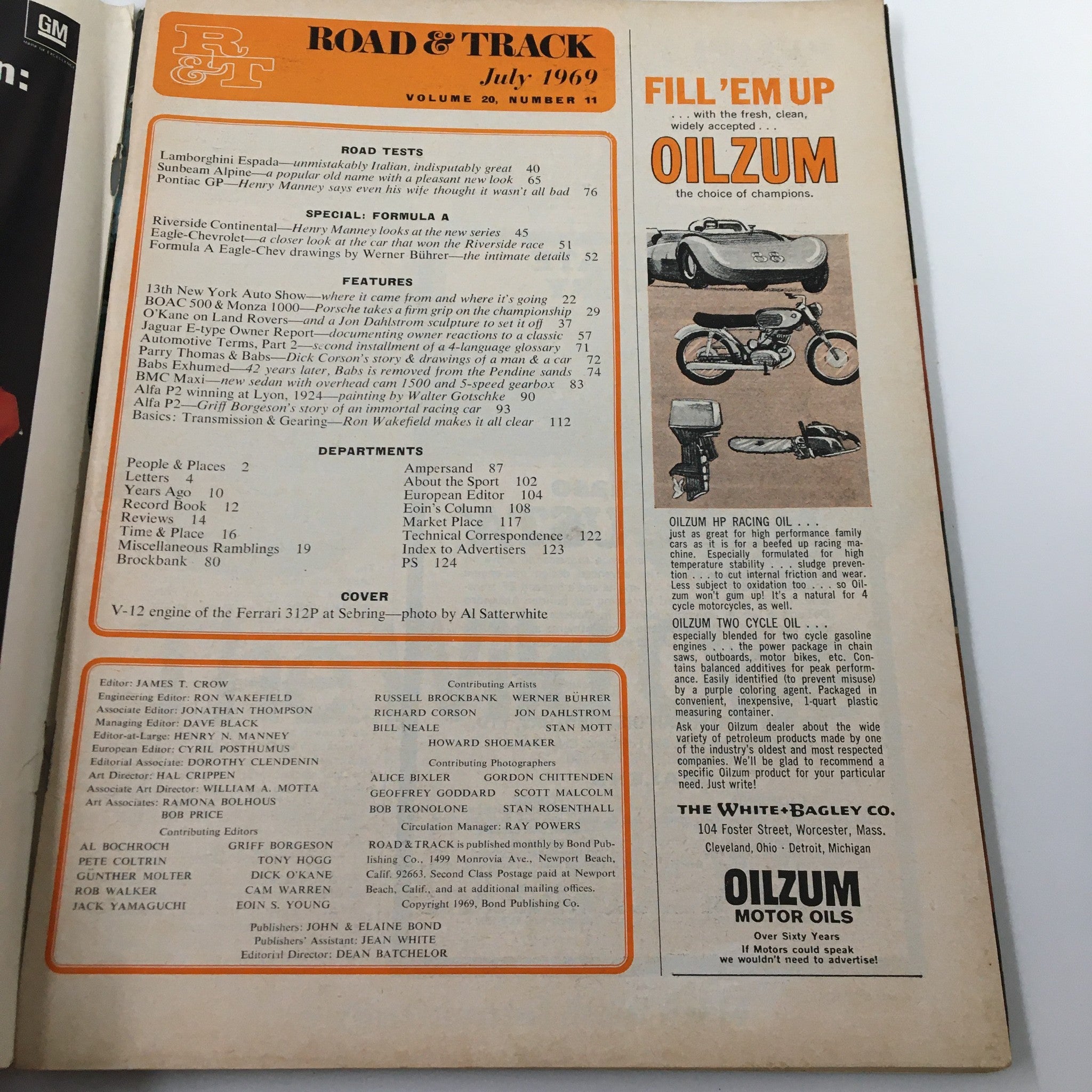 Interior page of the VTG Road & Track Magazine July 1969, displaying the table of contents, including coverage on Lamborghini and Ferrari 312P at Sebring.