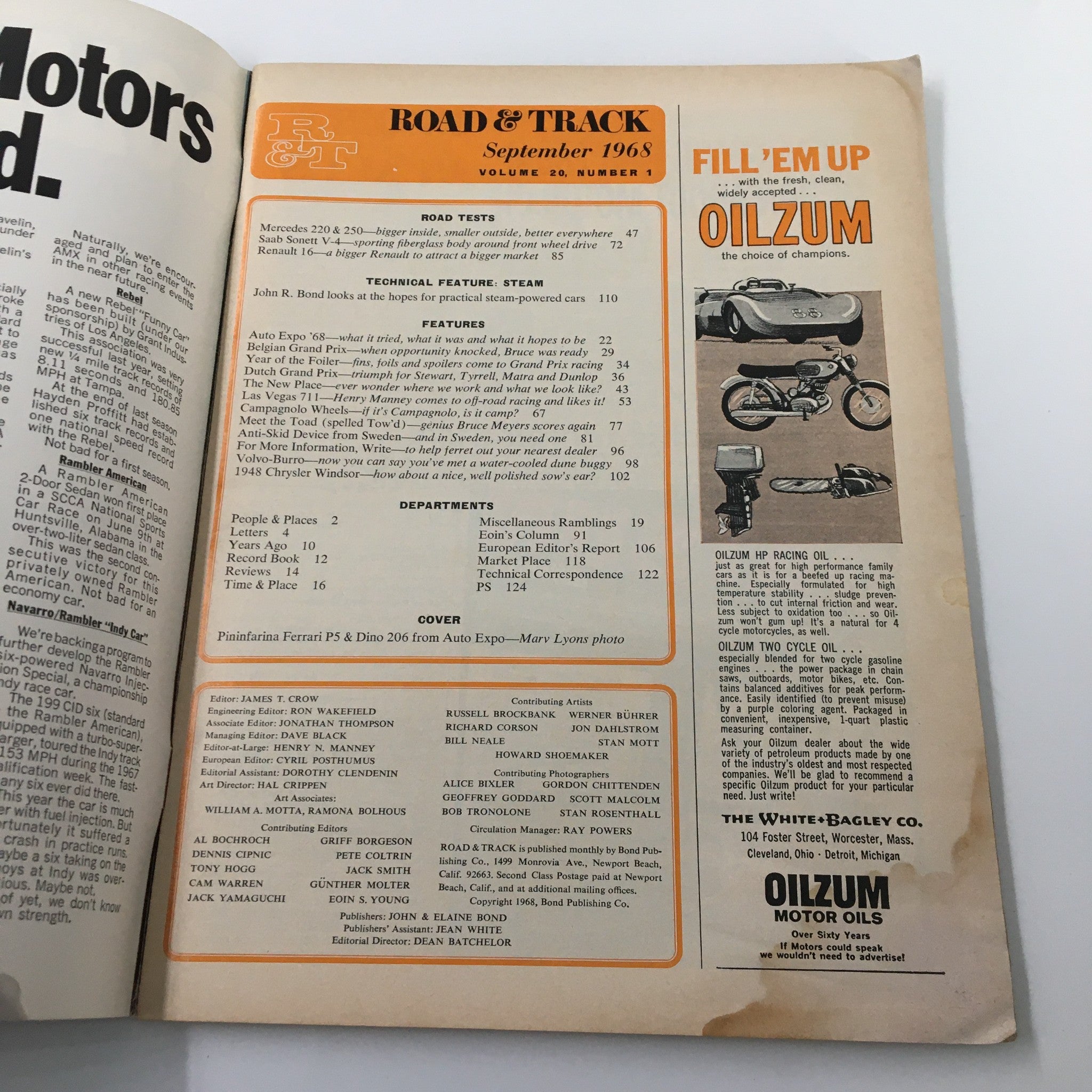 Inside page of VTG Road & Track Magazine September 1968 featuring articles and advertisements, including insights on Pininfarina's Ferrari P5.