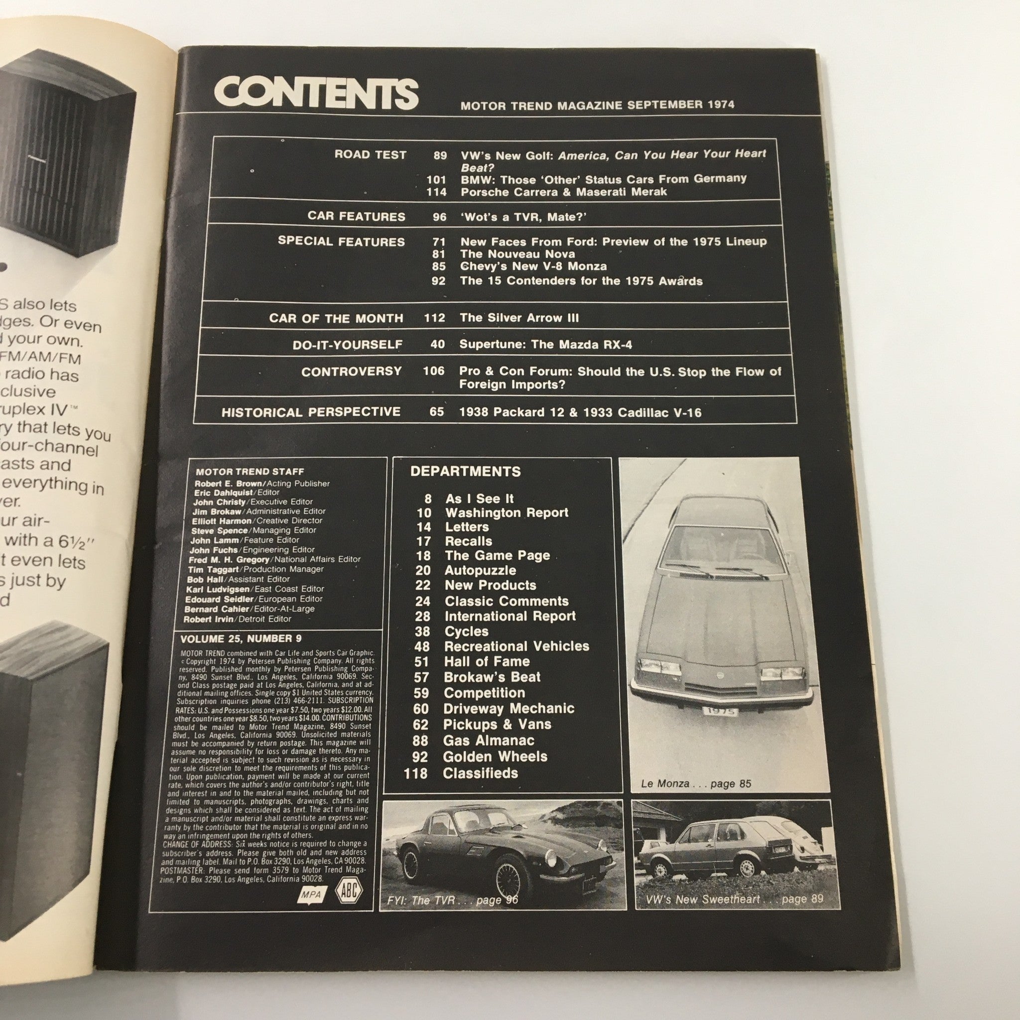 Contents page of VTG Motor Trend Magazine September 1974 featuring articles on automotive topics including 'The Return of the Monza', showcasing a vintage car layout and department listings.