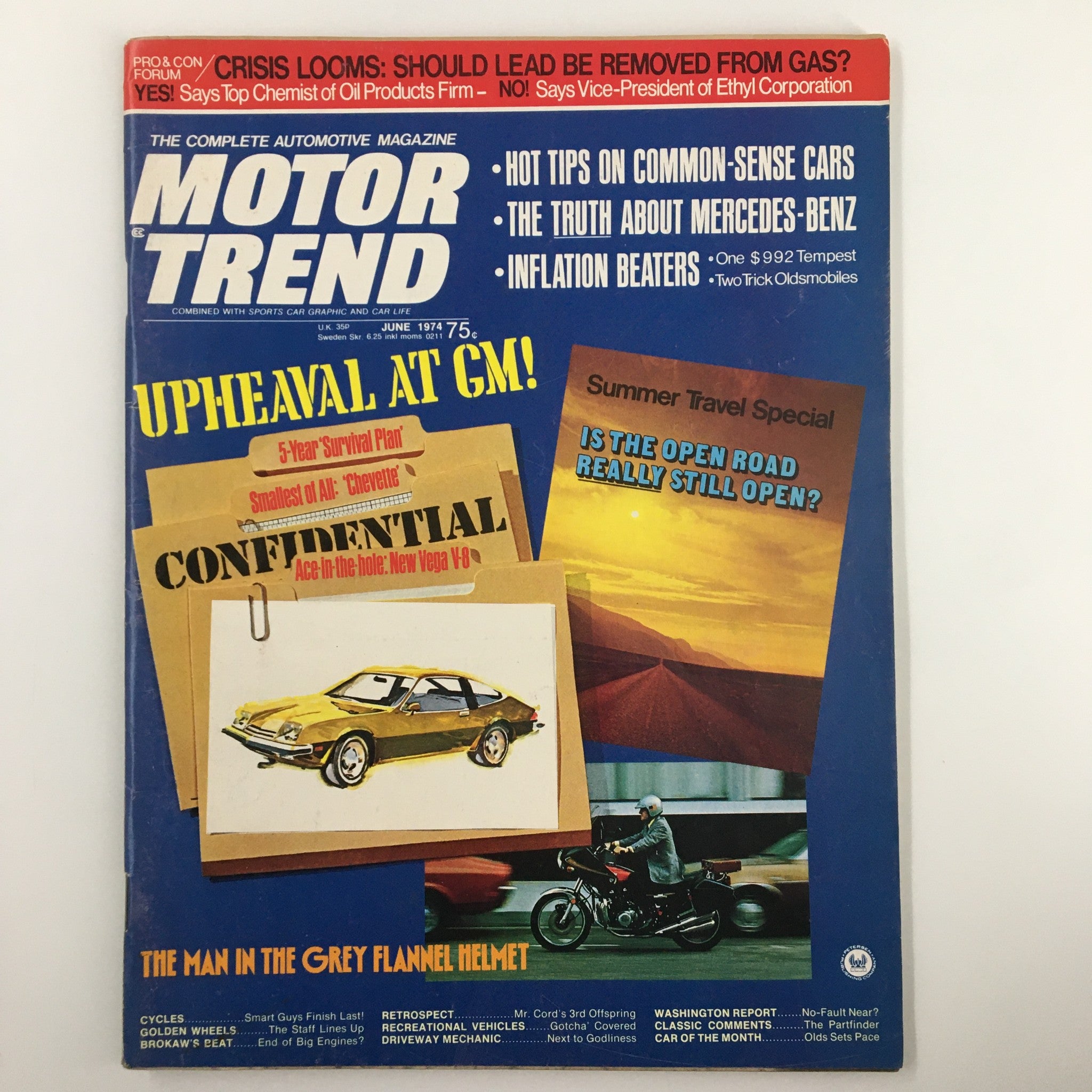 Vintage Motor Trend Magazine from June 1974, featuring the cover story 'The Man In The Grey Flannel Helmet'. The magazine showcases automotive culture of the 1970s, with headlines including 'Upheaval at GM' and various car features, ideal for collectors and enthusiasts.