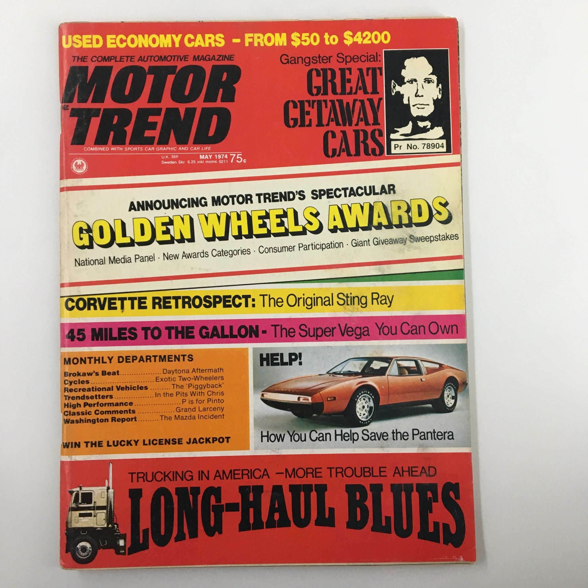 Cover of VTG Motor Trend Magazine May 1974 featuring the Super Vega and automotive articles on car design and performance.