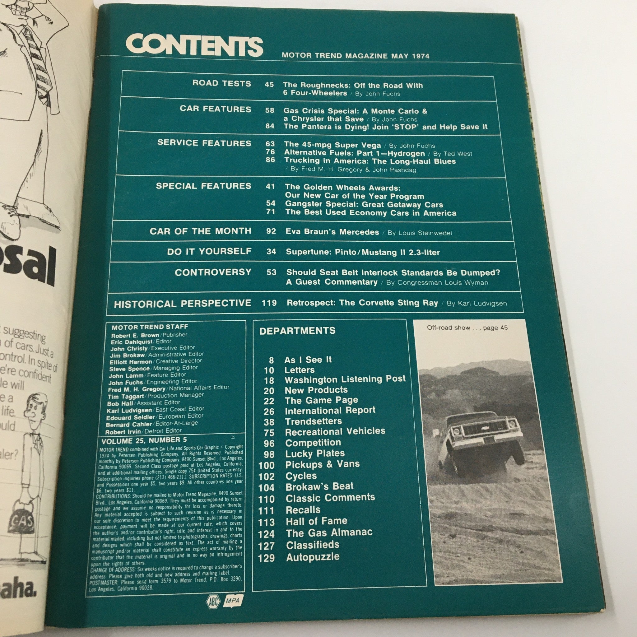 Contents page of VTG Motor Trend Magazine May 1974 showcasing articles, features, and departments related to the Super Vega and automotive trends.