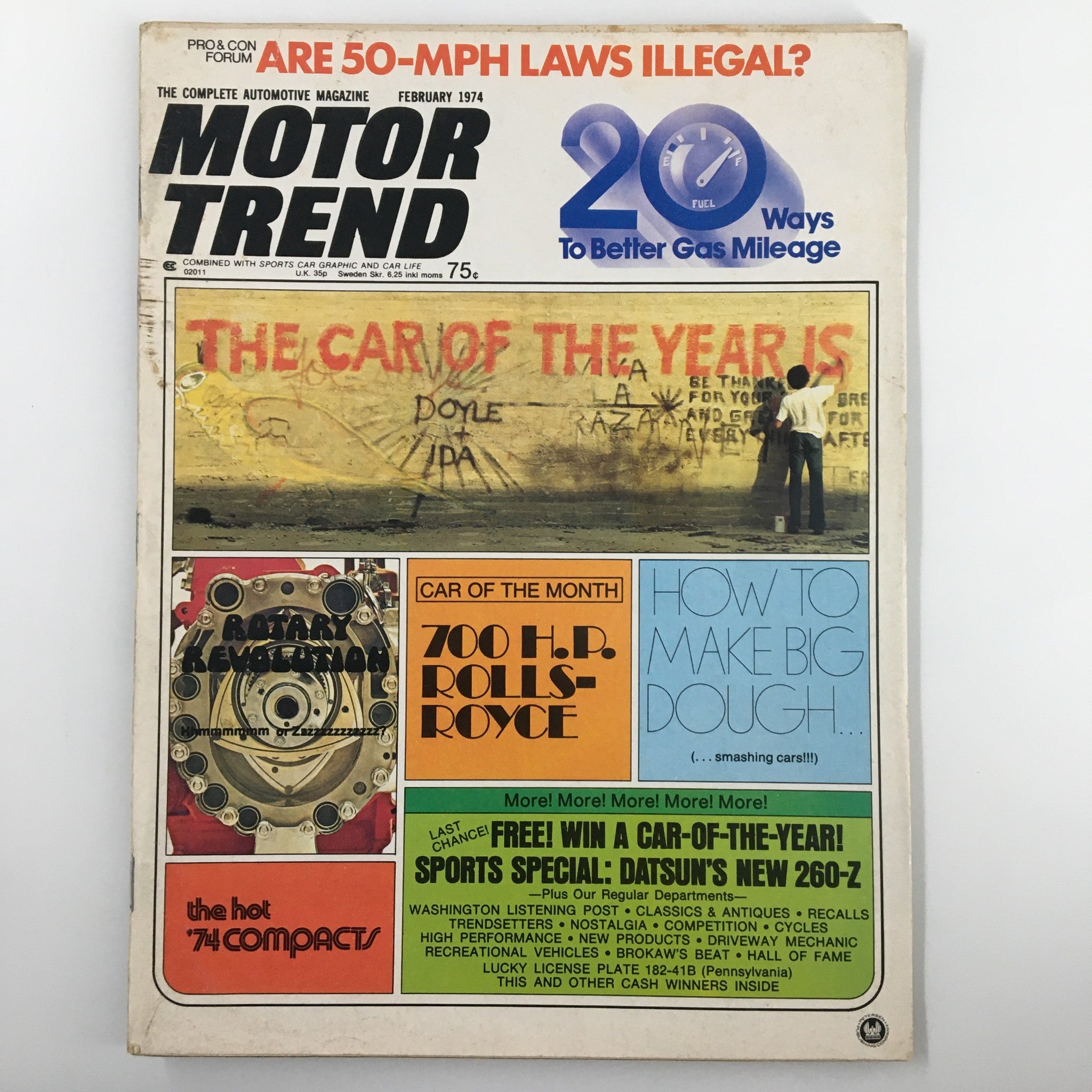 Motor Trend Magazine February 1974 cover featuring the iconic 700 HP Rolls-Royce and article highlights including car of the year and sports special features.