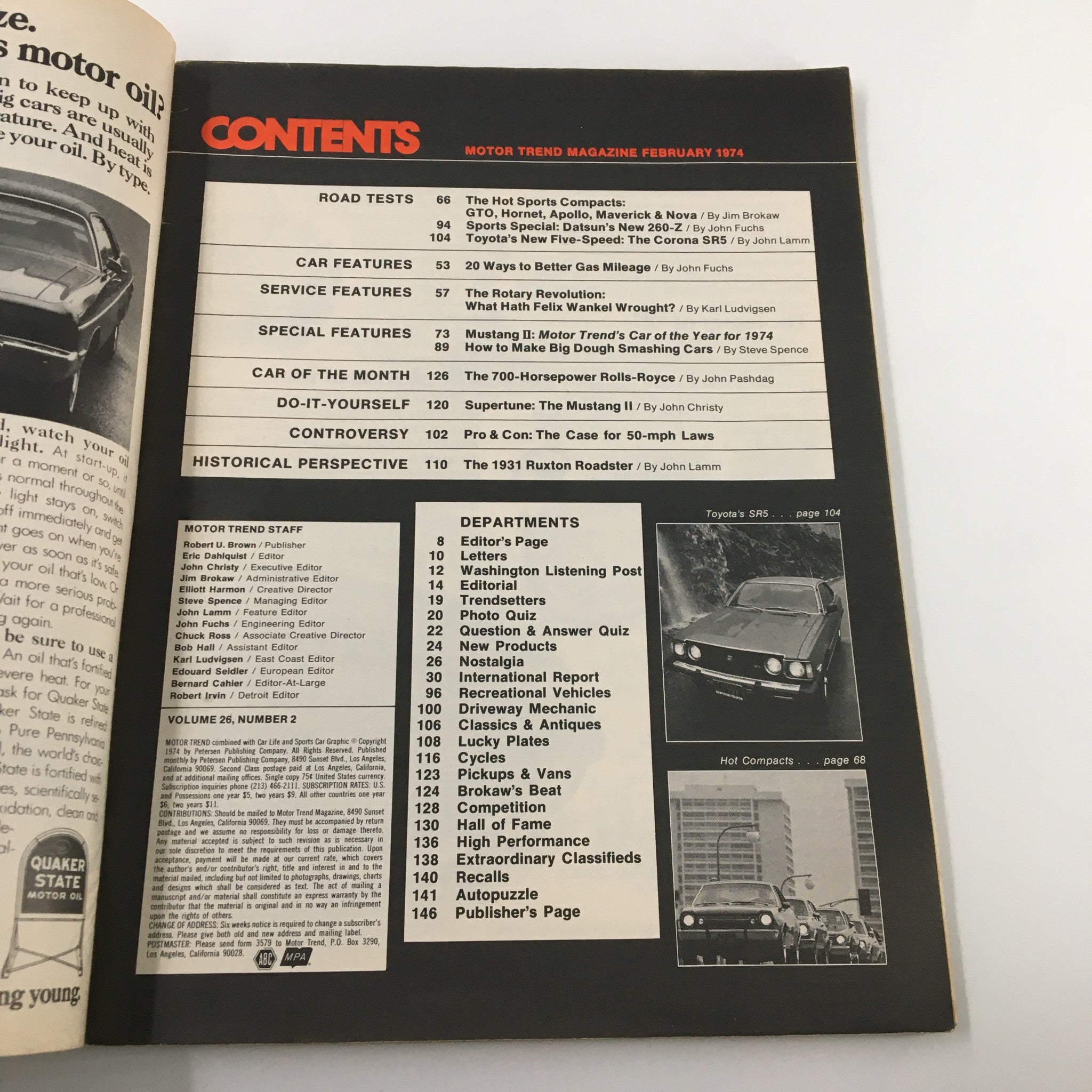 Contents page of Motor Trend Magazine February 1974 showcasing articles including the 700-Horsepower Rolls-Royce and various automotive features from that era.