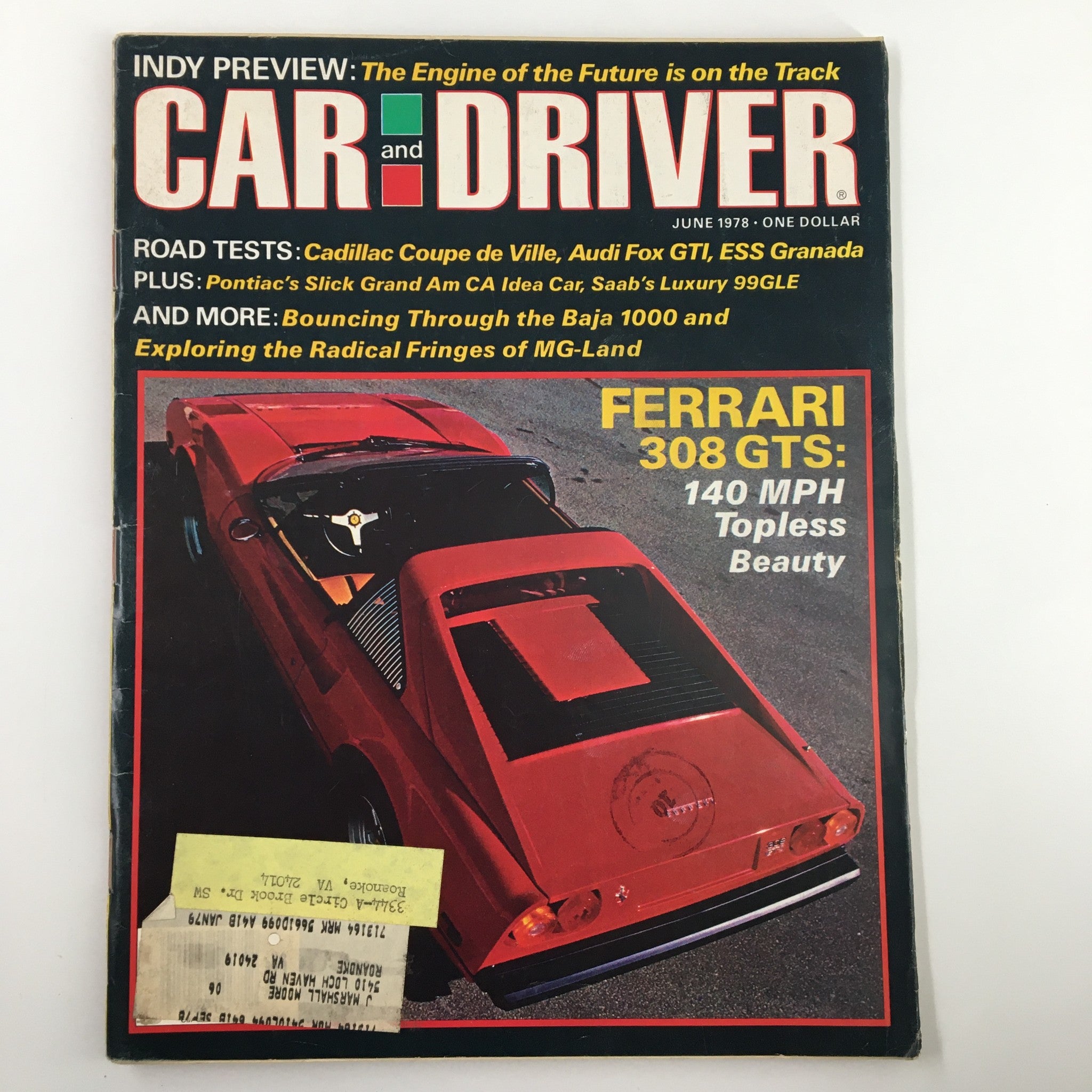 Car and Driver Magazine cover from June 1978 featuring Cadillac Coupe de Ville, Audi Fox GTI, and Ferrari 308 GTS, showcasing automotive history and road tests.