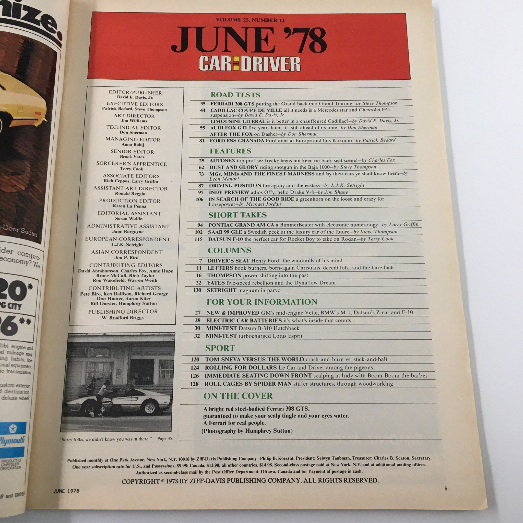 Interior page of Car and Driver Magazine June 1978, displaying table of contents including highlights on Cadillac Coupe de Ville, Audi Fox GTI, and Ferrari 308 GTS.
