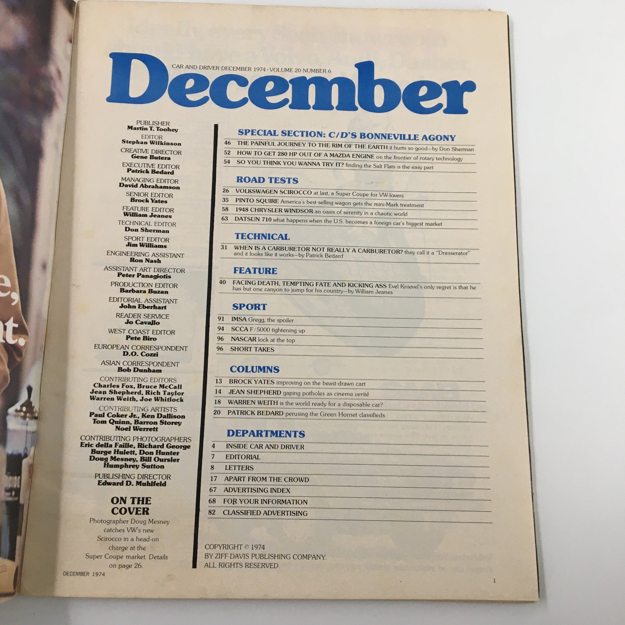 VTG Car and Driver Magazine December 1974 table of contents, detailing features and articles including technical insights and road tests.