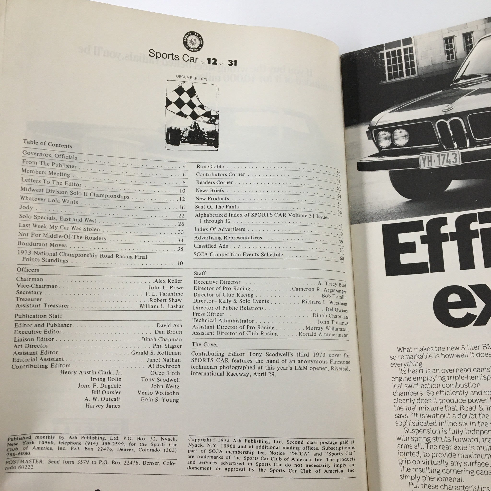 Inside page of Sports Car Magazine December 1973, displaying the table of contents and articles related to the Midwest Division Solo II Championships.