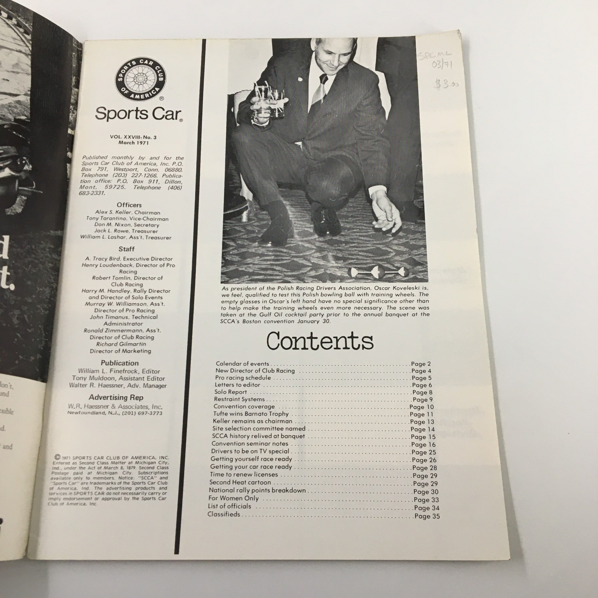 Inside view of VTG Sports Car Magazine March 1971 featuring Oscar Koveleski of the Polish Racing Association. The magazine includes content details and a photo from the event at the SCCA's Boston convention.