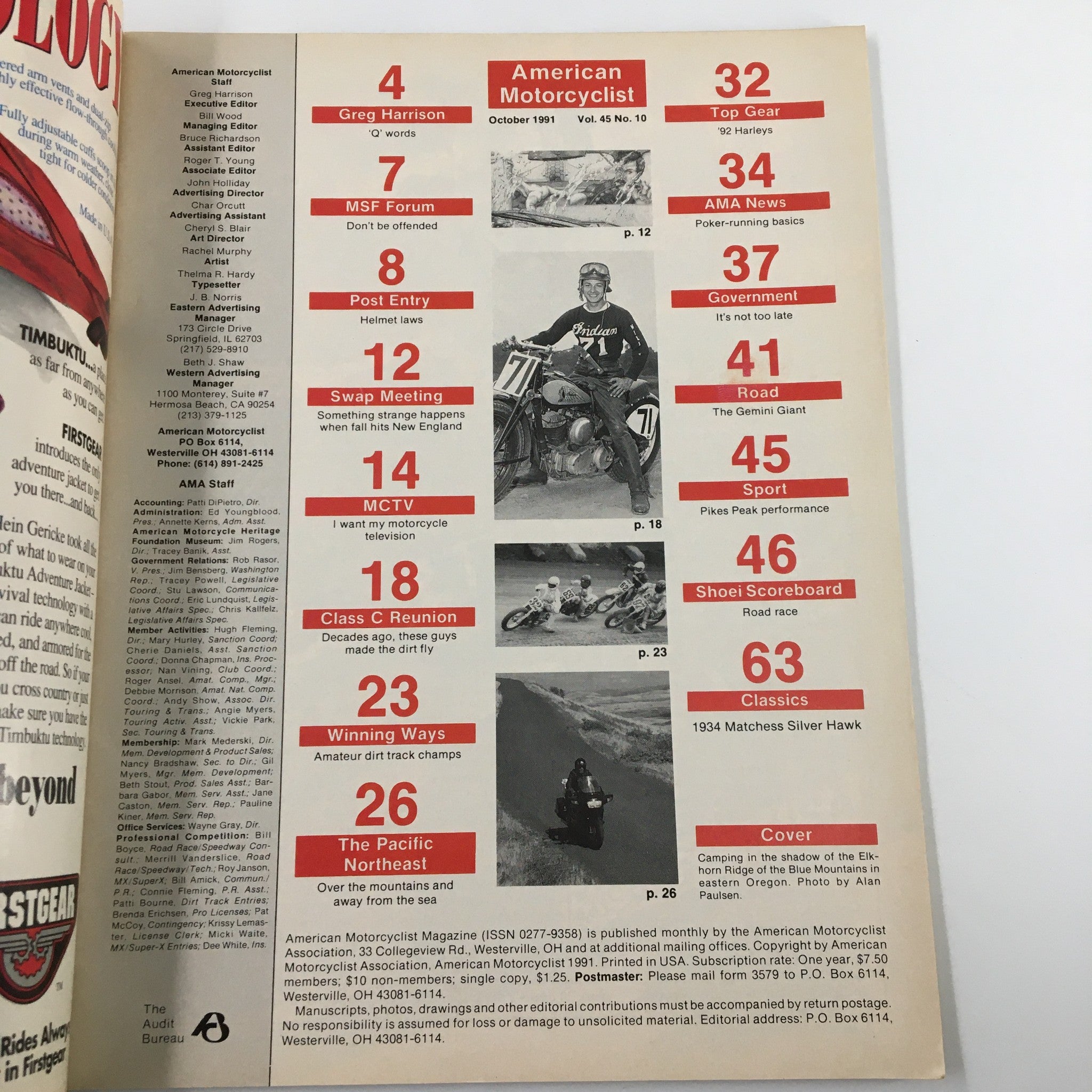 Table of contents page from American Motorcyclist Magazine October 1991, listing articles and features including 'The Pacific Northeast' and various motorcycle-related topics.