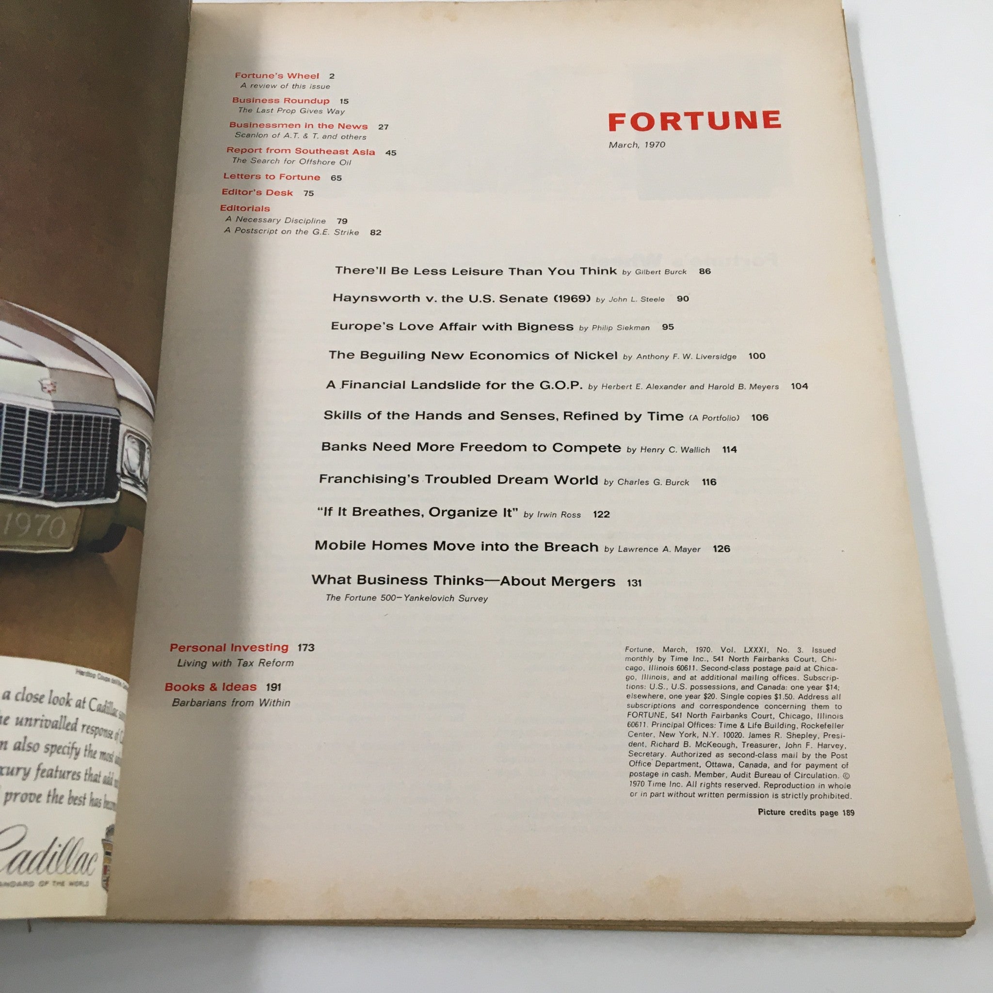 Contents page of VTG Fortune Magazine March 1970, listing articles including 'There’ll Be Less Leisure Than You Think' and 'Europe's Love Affair with Bigness' highlighting the magazine's exploration of economic and social themes.