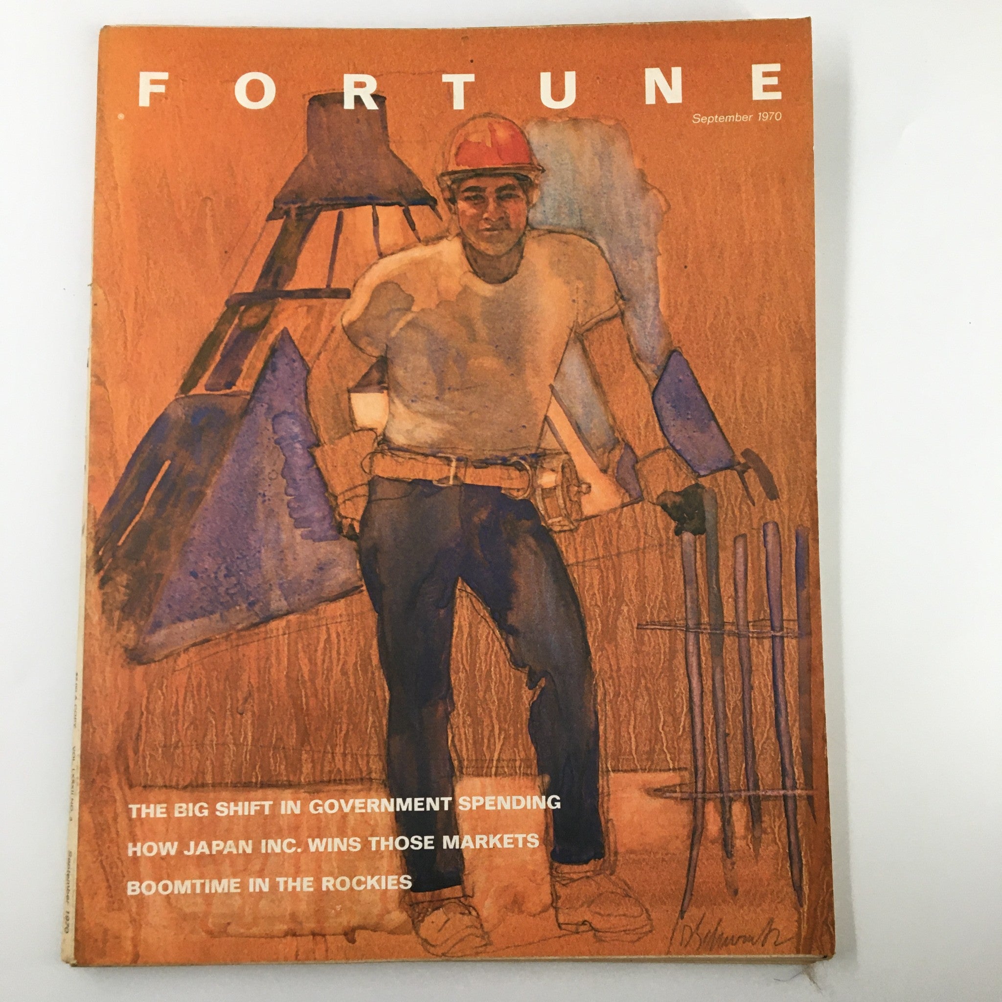 Cover of VTG Fortune Magazine September 1970 featuring an artistic illustration of a worker in a hard hat, reflecting the theme of 'Big Shift in Government Spending'.