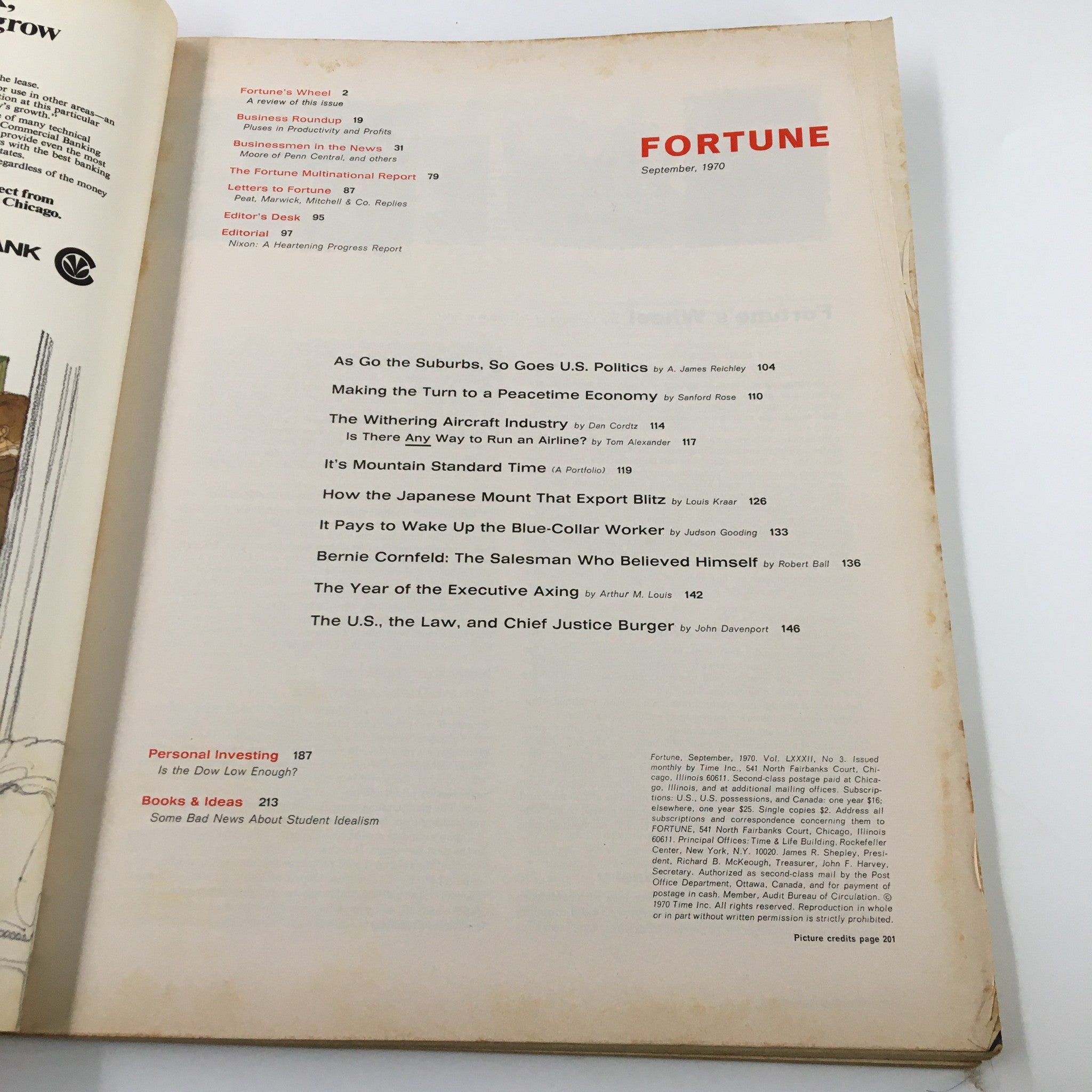 Interior page of VTG Fortune Magazine September 1970 featuring the table of contents. Highlighting articles such as 'As Go the Suburbs, So Goes U.S. Politics' and 'Making the Turn to a Peacetime Economy'. This issue discusses a big shift in government spending.