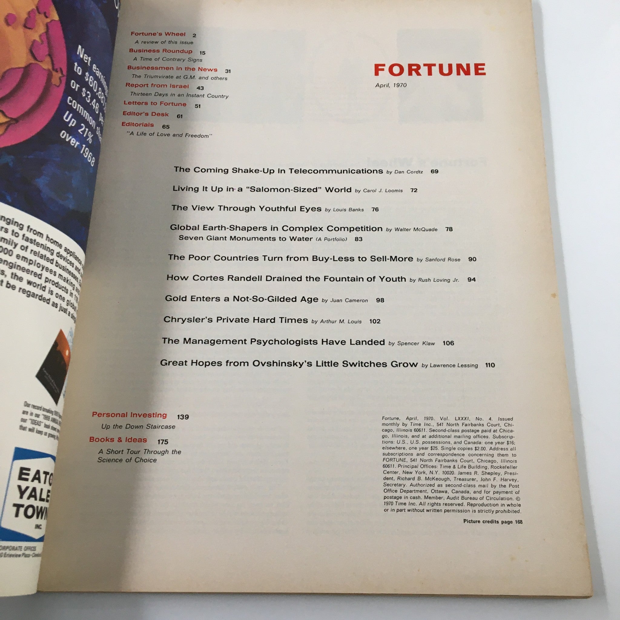 Page from the April 1970 VTG Fortune Magazine displaying the table of contents with various article titles.