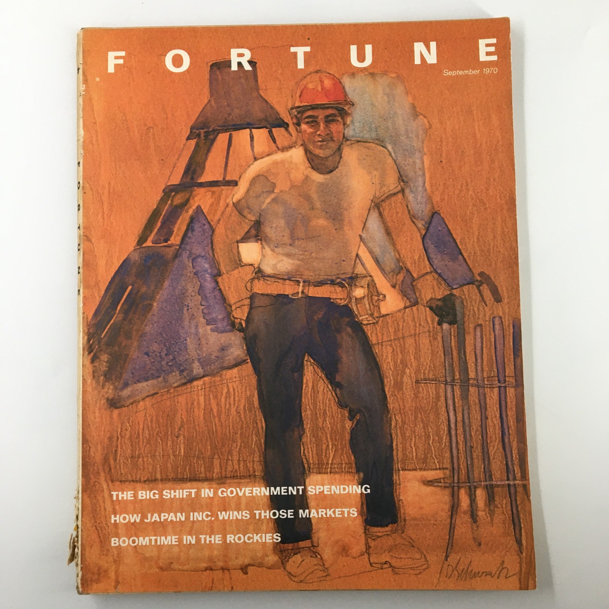Cover of VTG Fortune Magazine September 1970 featuring the article "How Japan Inc. Wins Those Markets" along with a watercolor depiction of a worker and structural elements.