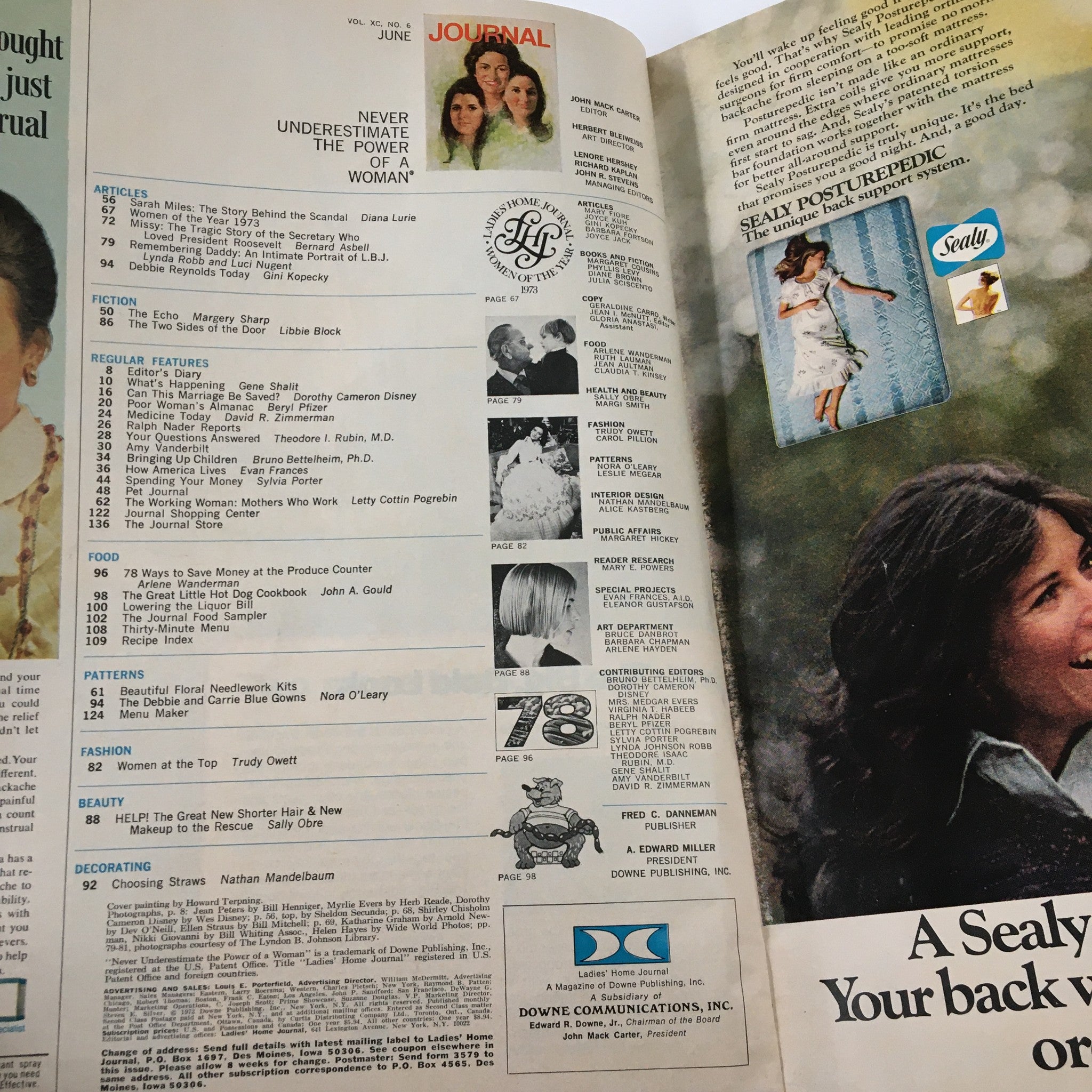 Inside page of Ladies' Home Journal Magazine June 1973 showcasing the table of contents, articles, and features relevant to women's issues and lifestyle in the 1970s.