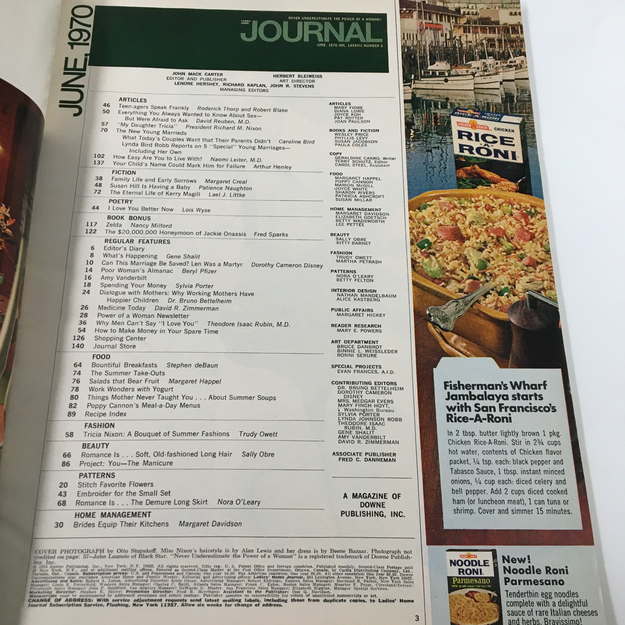 Interior page of Ladies' Home Journal Magazine June 1970 showcasing the table of contents including articles and features of the edition.