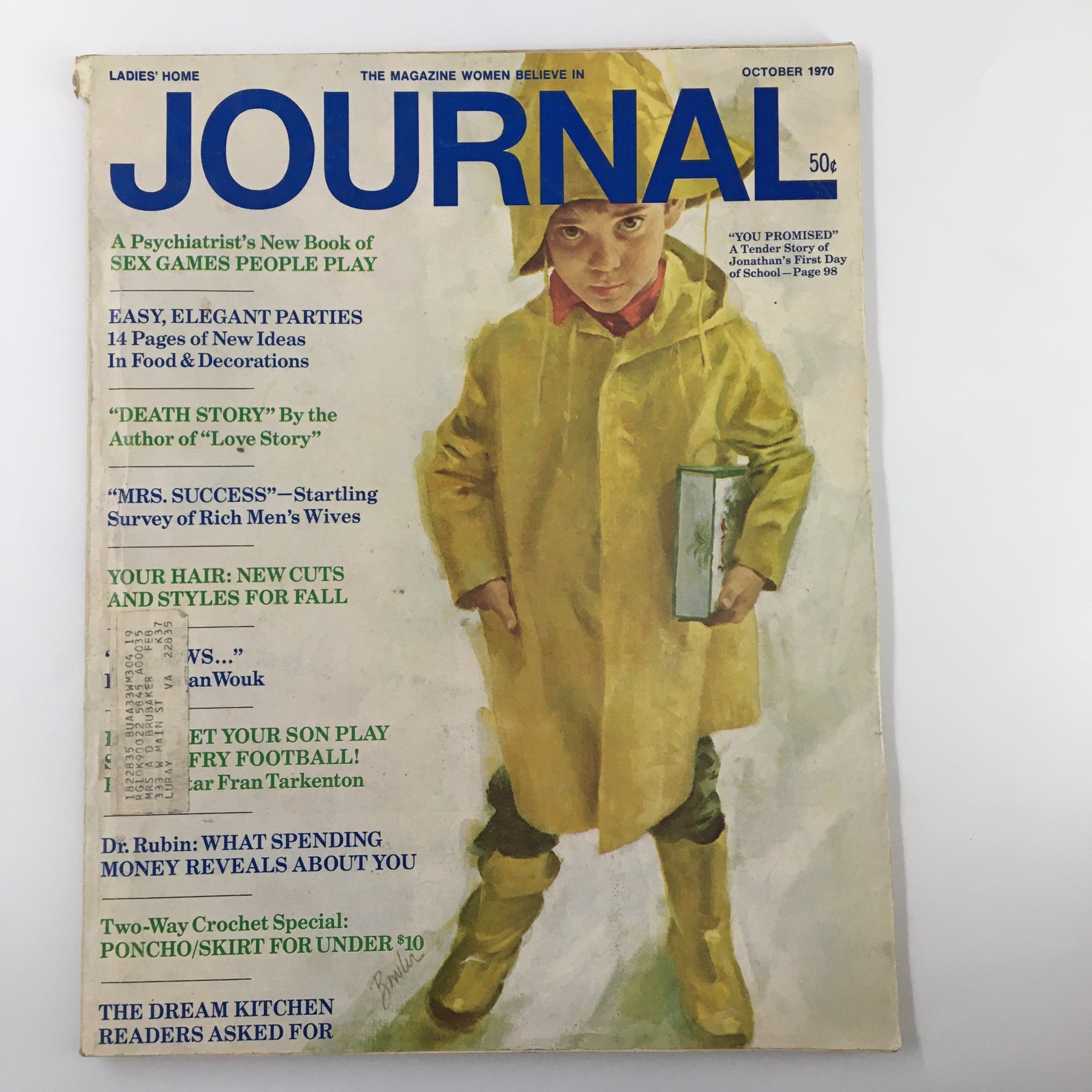 Cover of Ladies' Home Journal Magazine from October 1970 featuring a boy in a yellow raincoat holding a book, highlighting the story of Jonathan's first day of school.