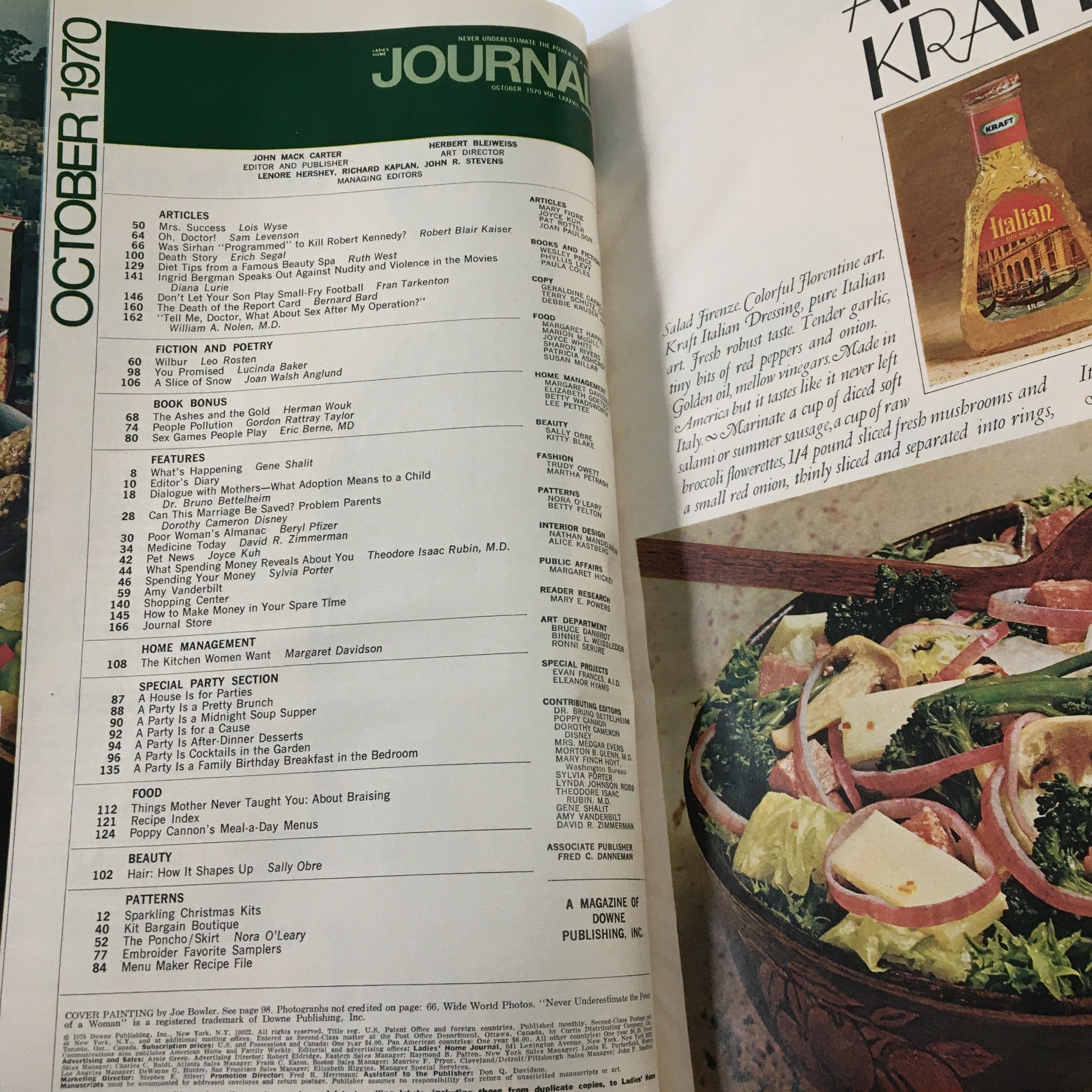 Inside page of Ladies' Home Journal Magazine October 1970 showcasing the table of contents, highlighting various articles, features, and stories including a segment on Jonathan's first day of school.