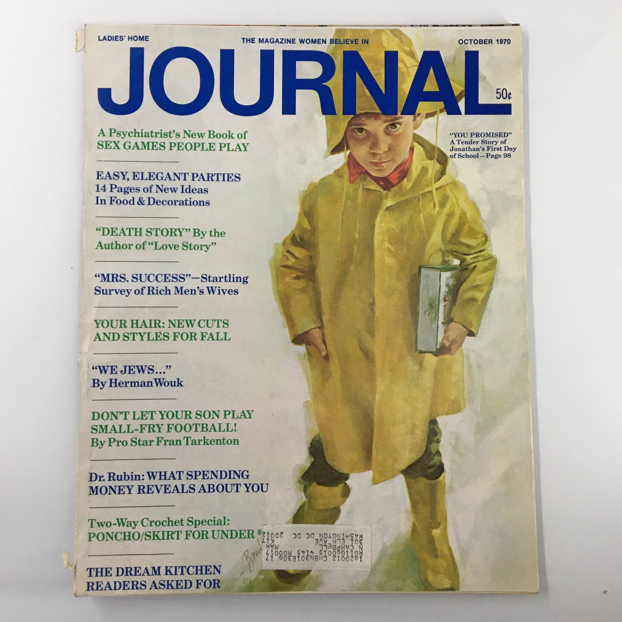 Cover of Ladies' Home Journal Magazine October 1970 featuring the title 'We Jews' by Herman Wouk, with an illustration of a child in a yellow raincoat standing outdoors. The cover includes text highlighting articles about various topics such as parties, fashion, and child development.