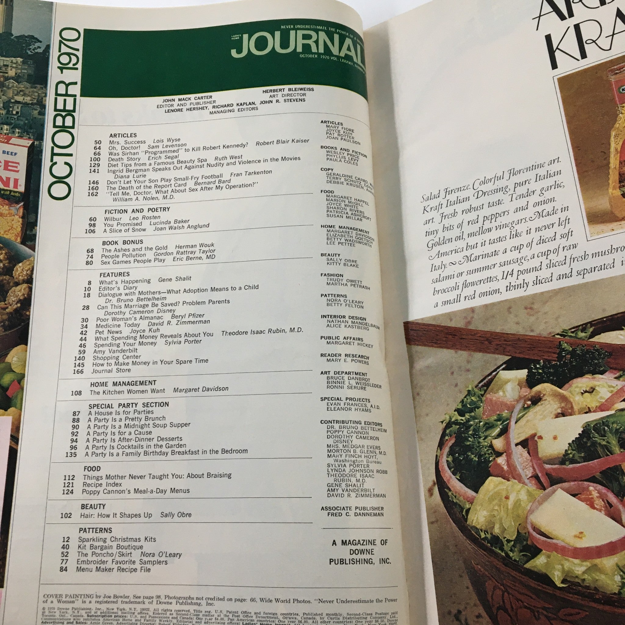 Inside page of Ladies' Home Journal Magazine October 1970 displaying the table of contents, listing articles including 'We Jews' by Herman Wouk, along with various features on home management and special party sections.
