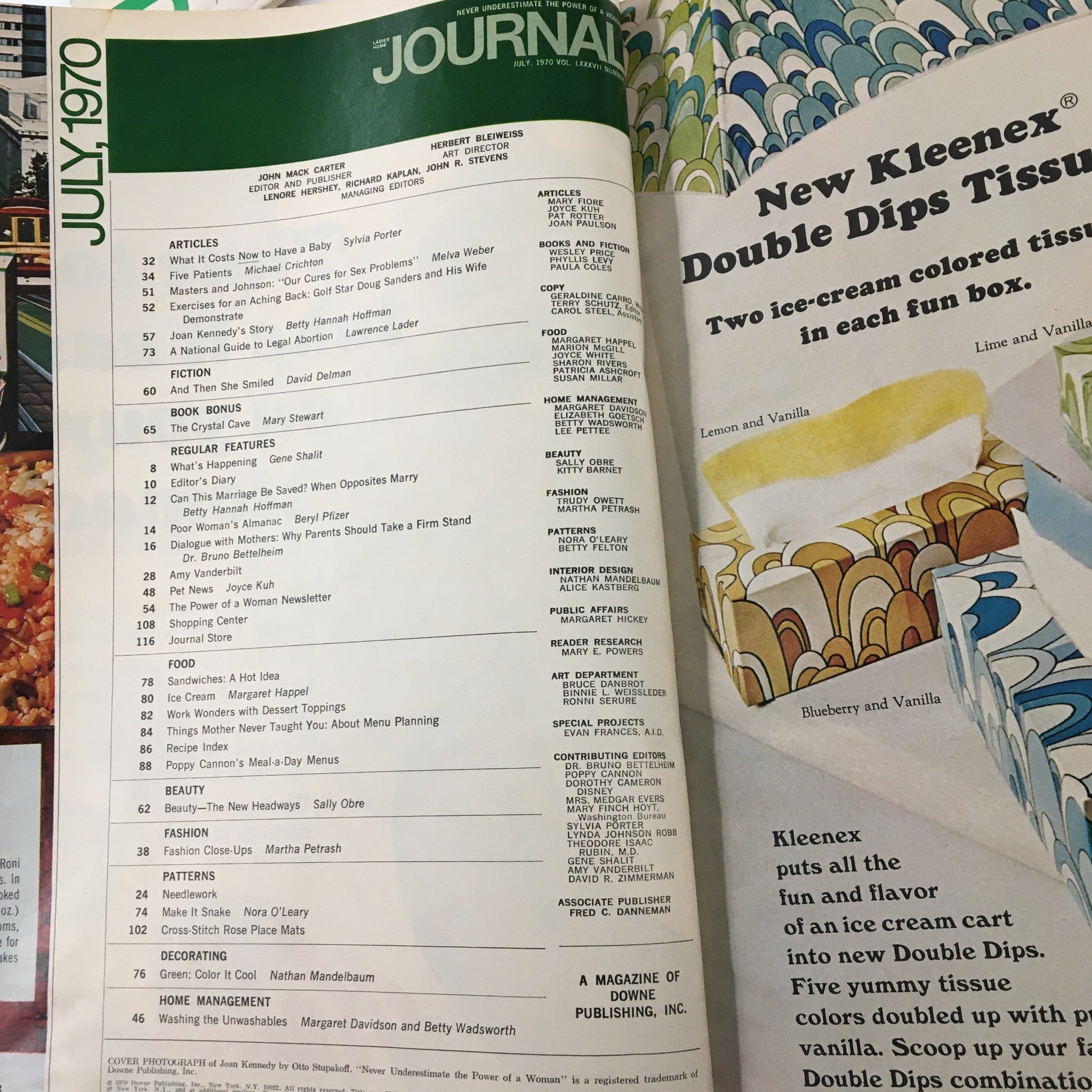 Inside page of Ladies' Home Journal Magazine July 1970 featuring article list and advertisements.