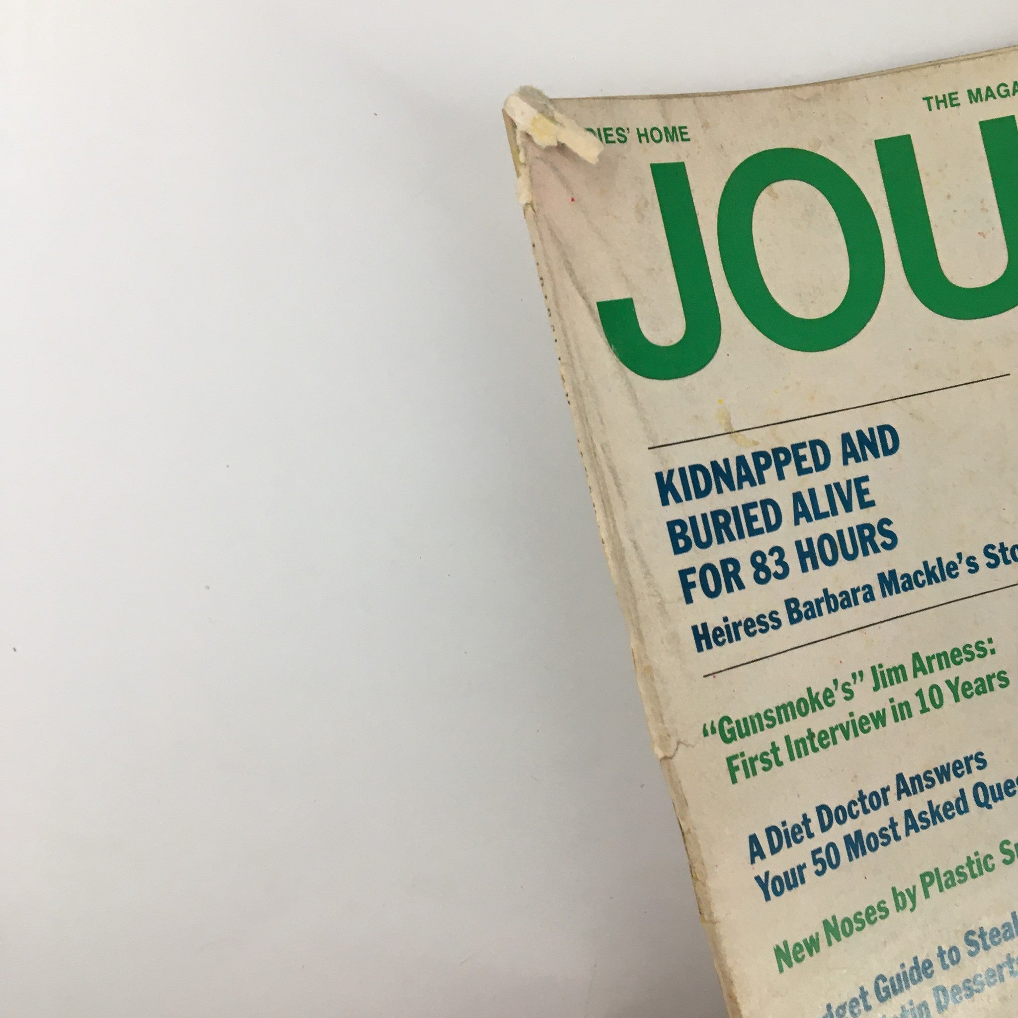 Close-up of the Ladies' Home Journal Magazine May 1971 cover showing the title and a headline about a kidnapping story, along with featured articles from the era, including 'Diary of an Alcoholic Wife'.