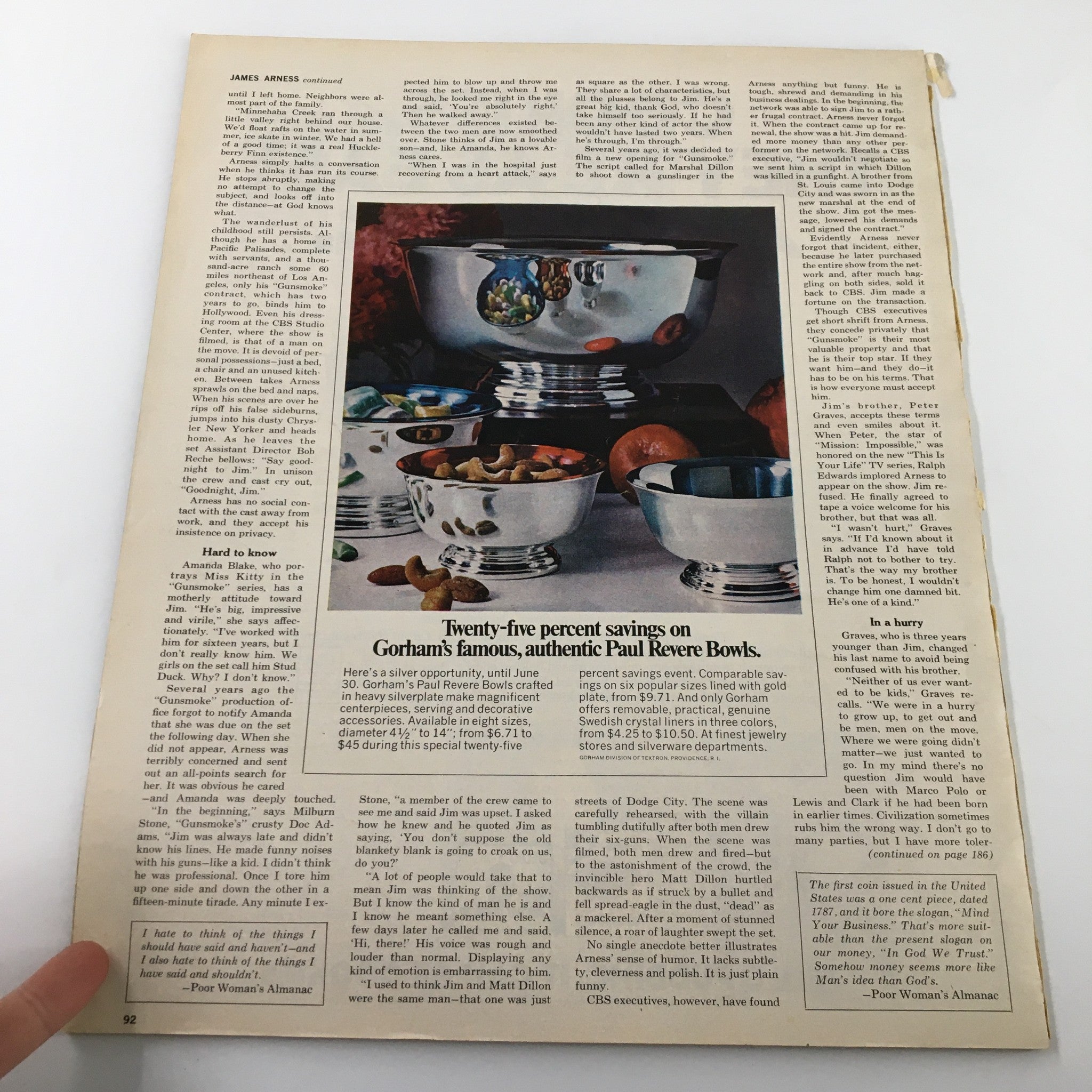Page from the Ladies' Home Journal Magazine, May 1971 featuring a full page advertisement for Gorham's Paul Revere Bowls. The advertisement highlights a twenty-five percent savings offer, showcasing multiple silver bowls filled with snacks, alongside a continuation of a personal narrative, reflecting the vintage essence of the magazine from that era.