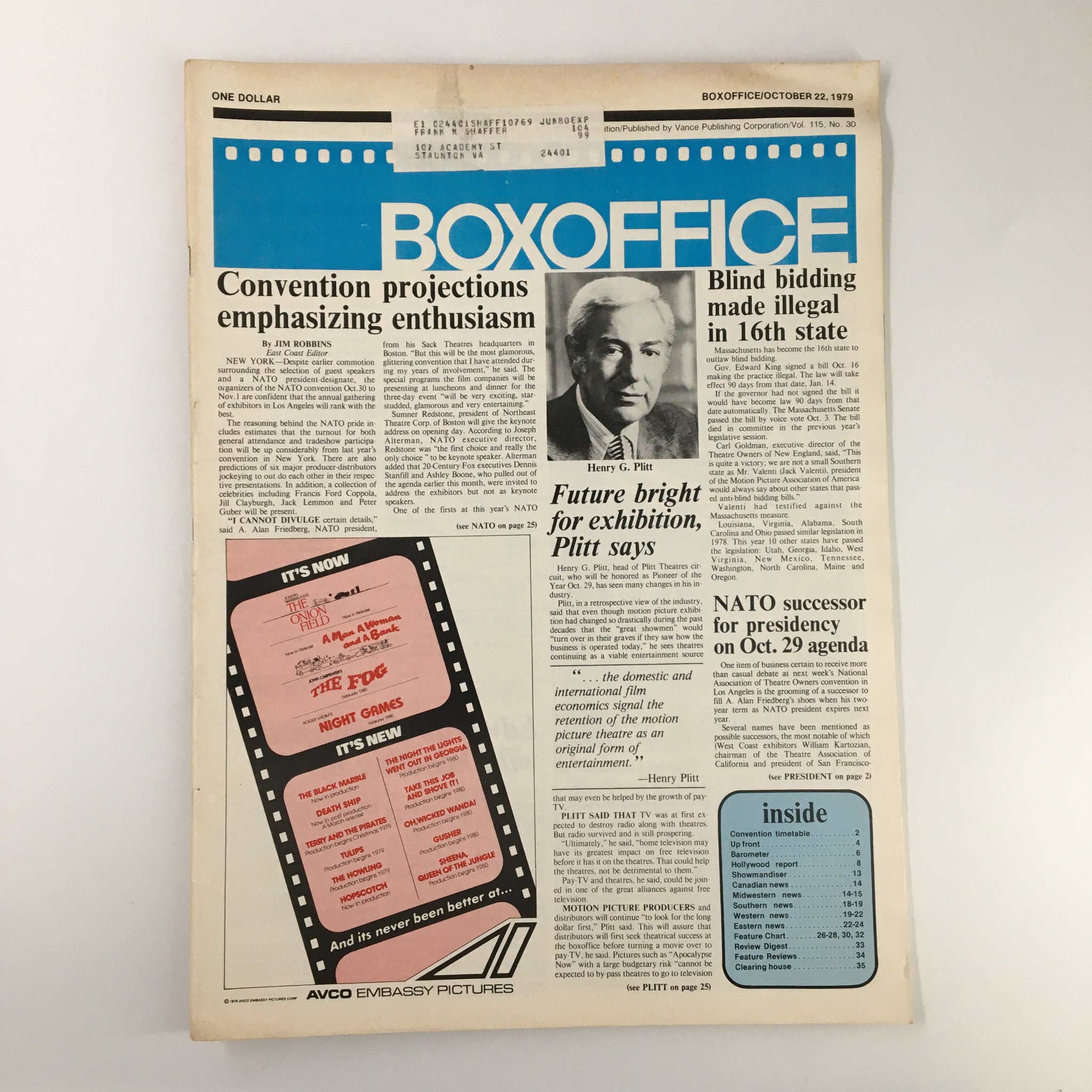 Box Office Magazine October 22 1979 issue featuring Henry G. Plitt cover story 'Future Bright for Exhibition', showcasing industry insights and film listings.