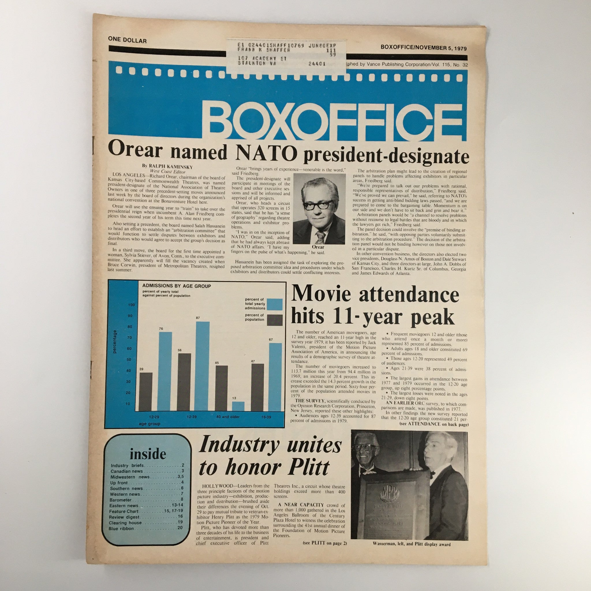 Box Office Magazine November 5, 1979 edition featuring the announcement of Orear named NATO President-Designate. The cover includes headlines about movie attendance and an industry event honoring Plitt. Graphs and articles provide insights into the film industry and political climate of the late 1970s.