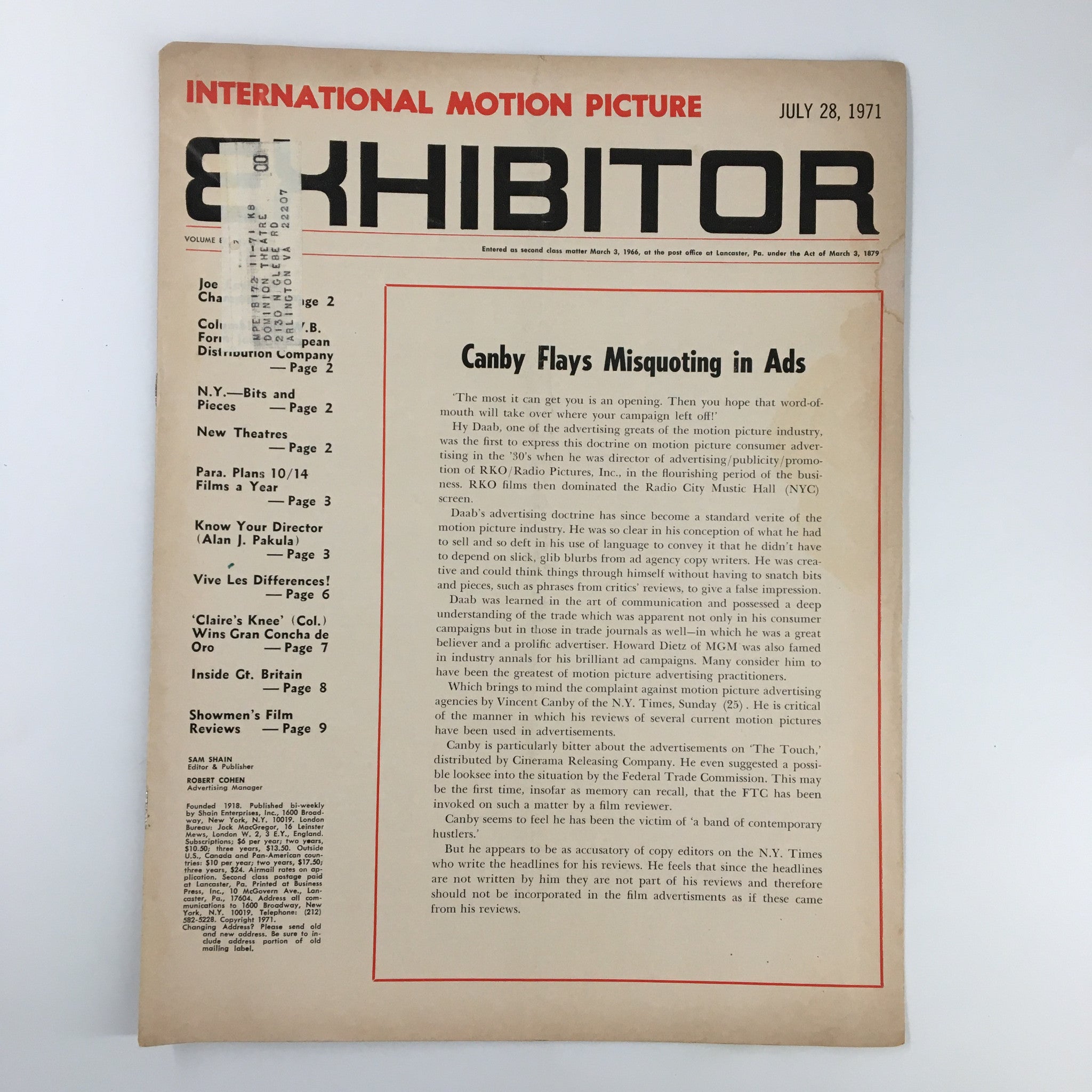 Cover of International Motion Picture Exhibitor Magazine dated July 28, 1971, featuring an article titled 'Canby Flays Misquoting in Ads' and displaying vintage design elements.