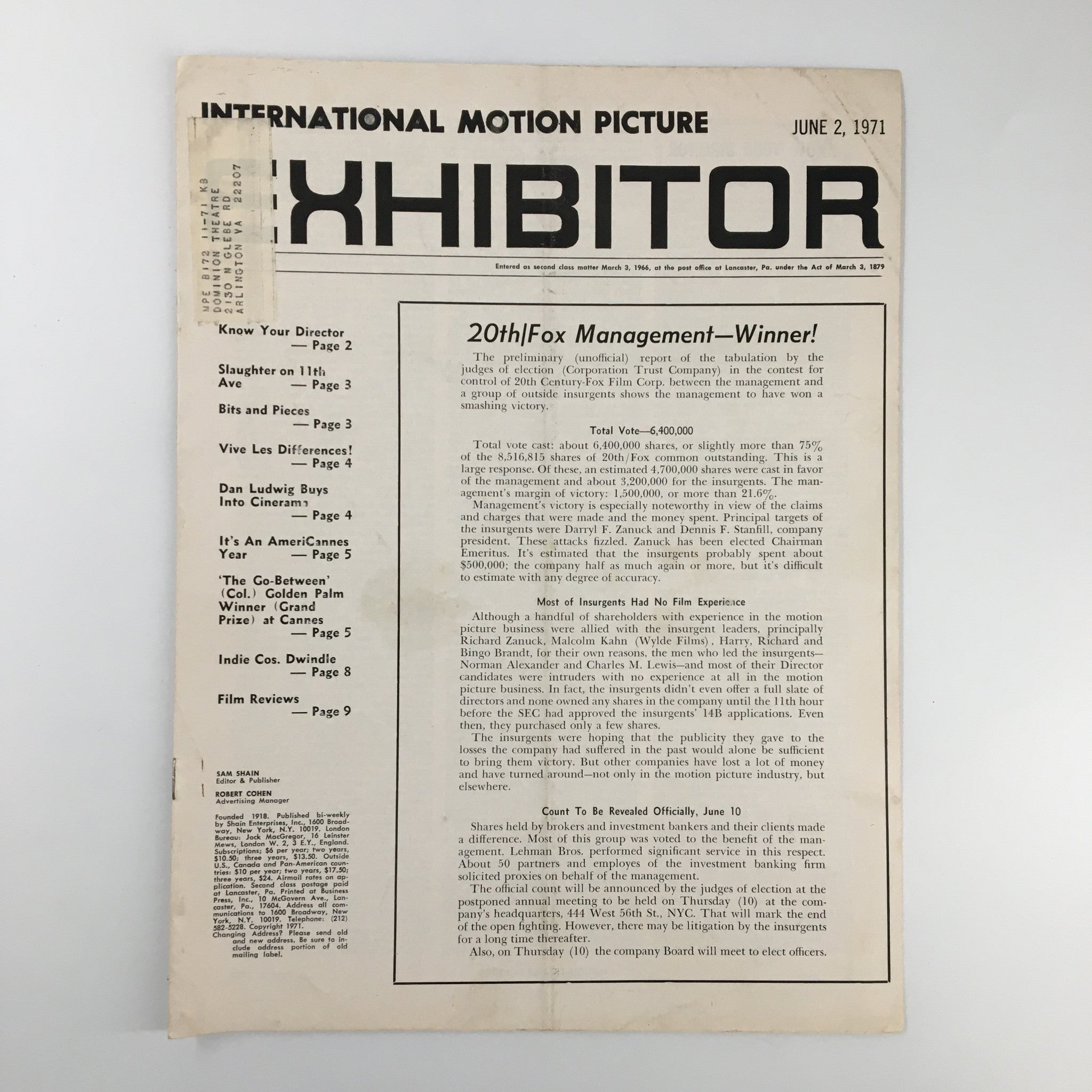 Cover of International Motion Picture Exhibitor Magazine from June 2, 1971, featuring an article on 20th/Fox Management's success and industry insights.