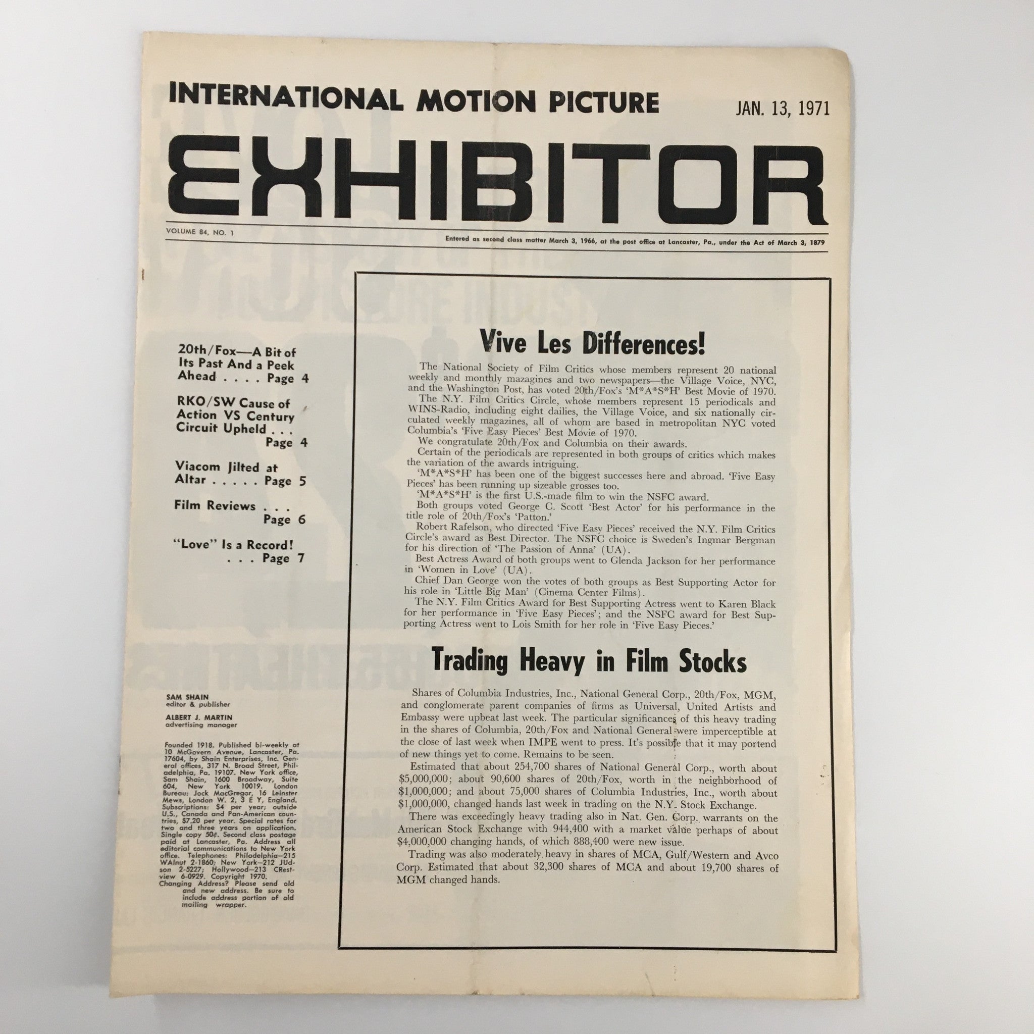 Cover of Int. Motion Picture Exhibitor Magazine January 13 1971 showcasing film industry news, including the feature 'Trading Heavy in Film Stocks'.
