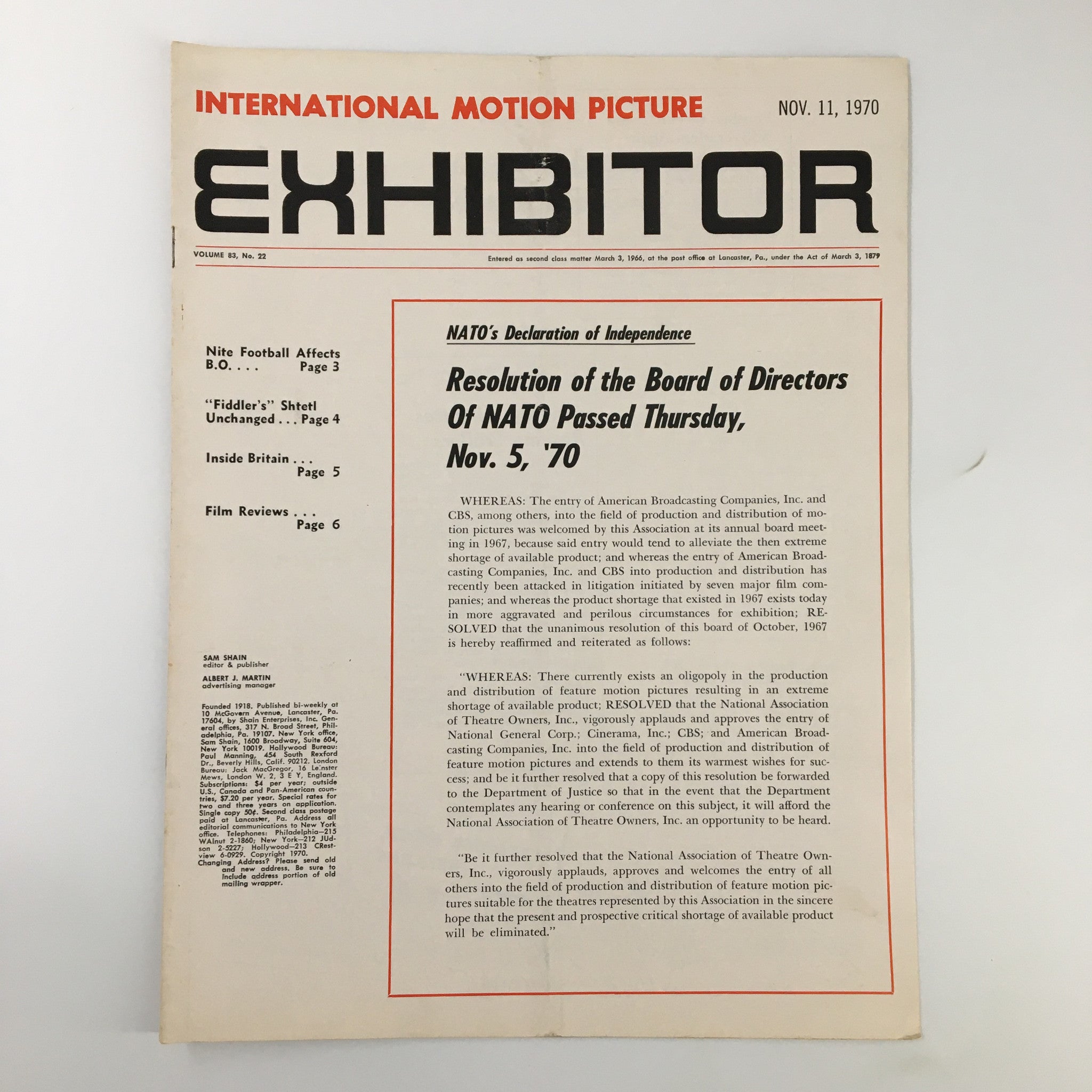 Cover of the International Motion Picture Exhibitor Magazine dated November 11, 1970, featuring the headline about NATO's Declaration of Independence, alongside articles and film reviews from that era.