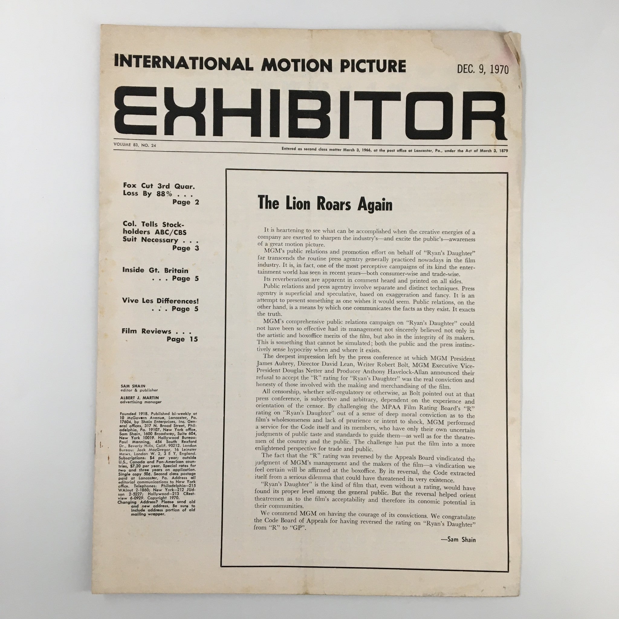 Cover of the International Motion Picture Exhibitor Magazine from December 9, 1970, featuring the title 'The Lion Roars Again' and showcasing vintage film industry information.