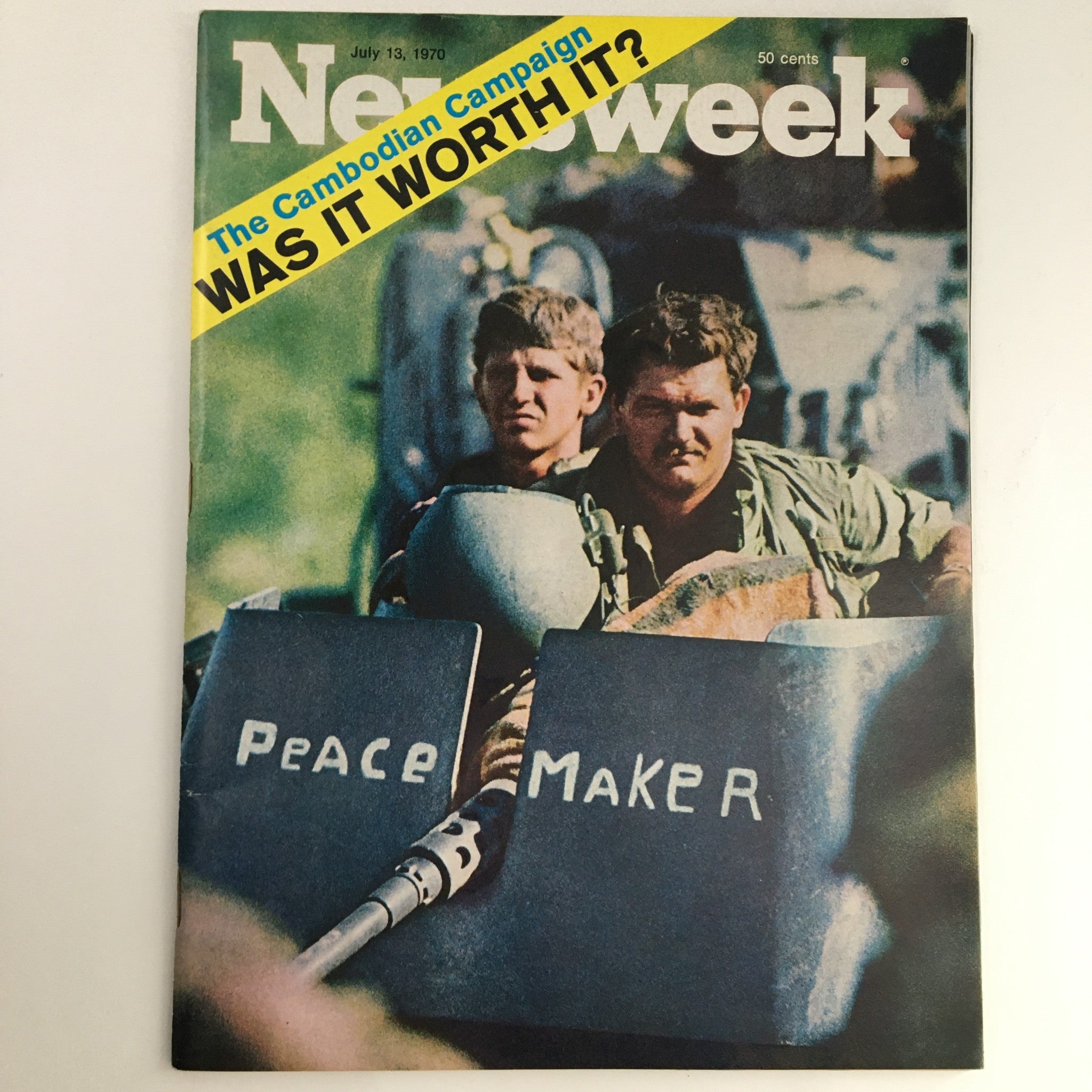 Newsweek Magazine from July 13, 1970, featuring the cover story 'The Cambodian Campaign, Was It Worth It?' showcasing a powerful image of soldiers with the words 'Peace Maker' on their armored vehicle.