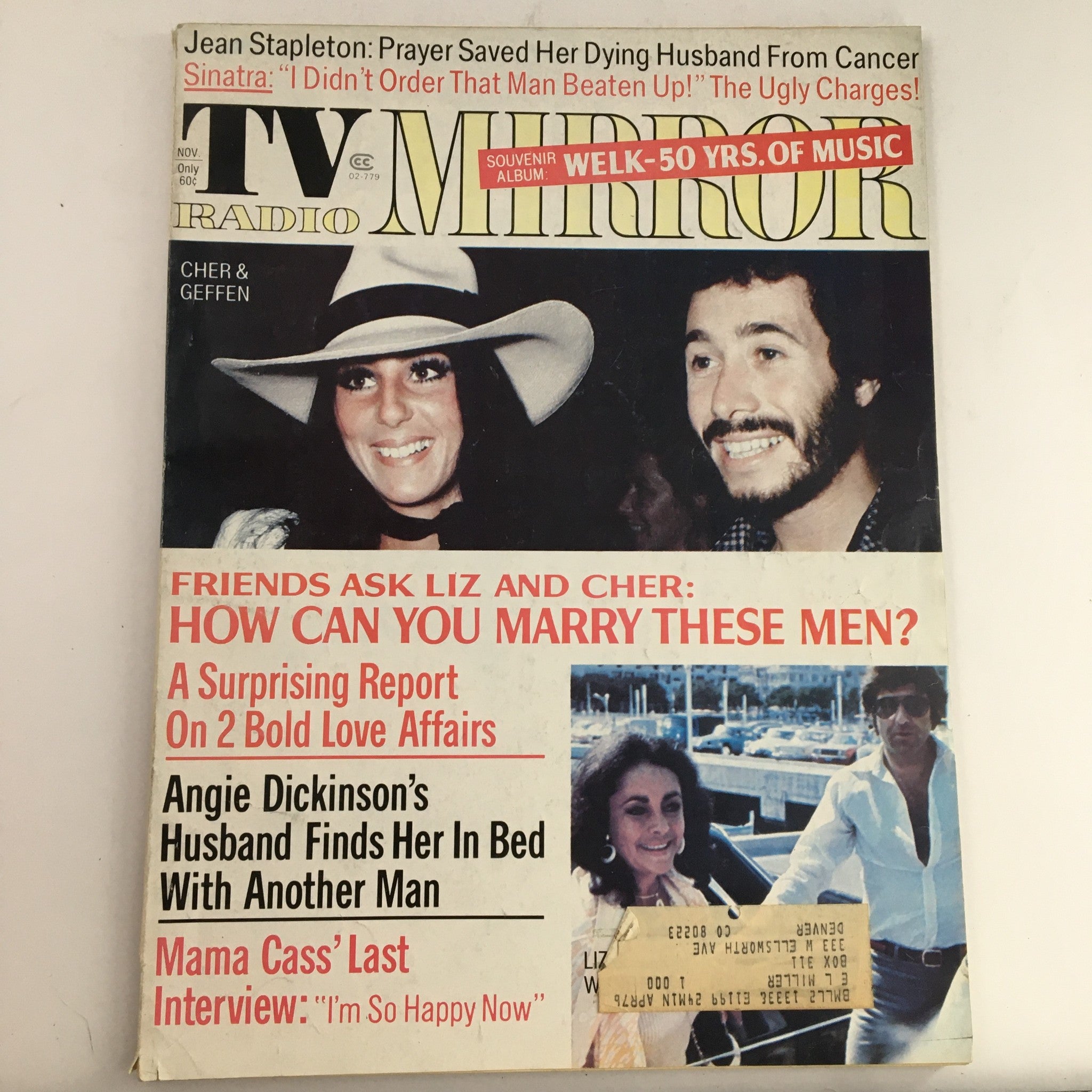 Cover of TV Radio Mirror Magazine November 1974 Vol 74 #11 featuring David Geffen and Cher, highlighting articles and vibrant 1970s pop culture.