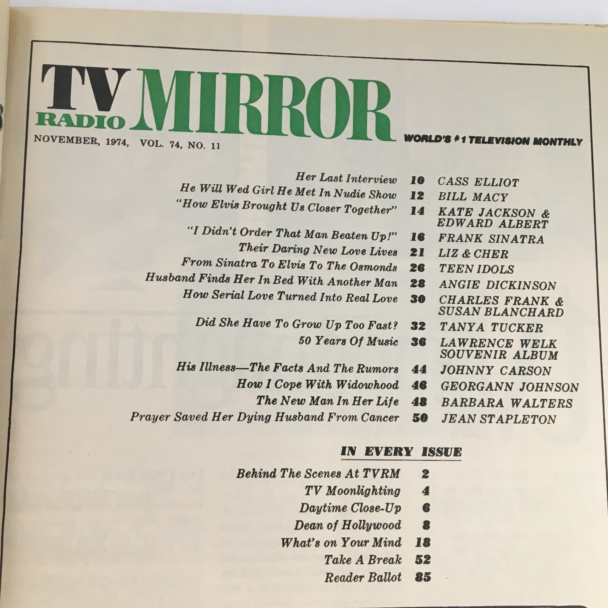 Table of contents of TV Radio Mirror Magazine November 1974 Vol 74 #11 showcasing key features and celebrity stories, including Liz and Cher.