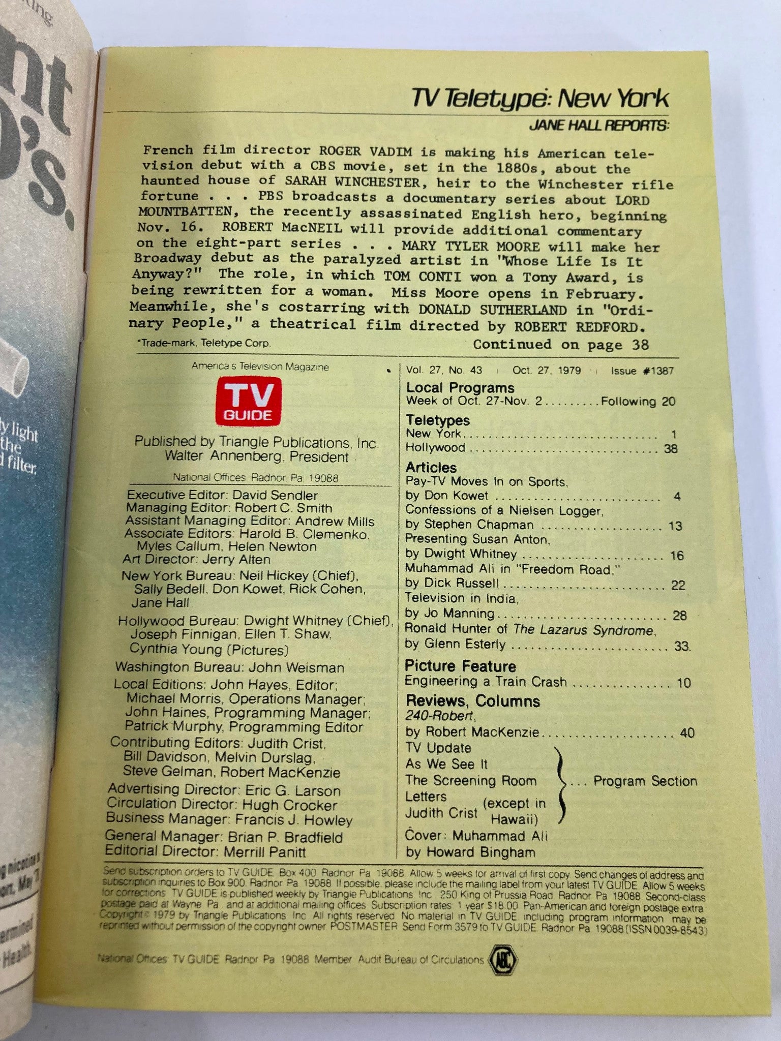 Back cover of TV Guide Magazine October 27, 1979, Issue #1387, showcasing the TV Teletype section with details on upcoming shows and articles related to the late 1970s television landscape.